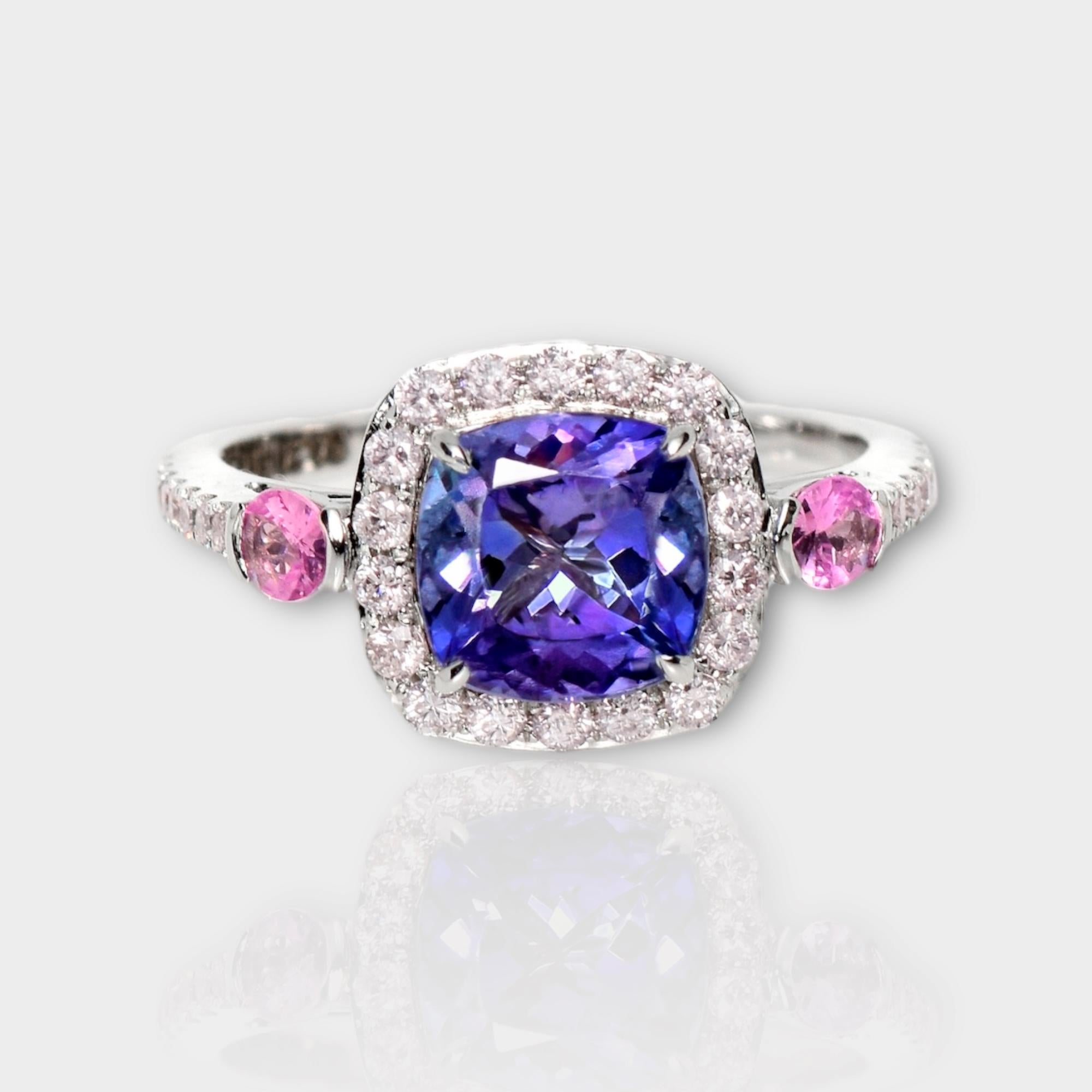 *IGI 14K 1.87 ct Tanzanite&Pink Diamond Antique Art Deco Style Engagement Ring*
The natural intense bluish violet tanzanite, weighing 1.87 ct, is the center stone surrounded by natural pink diamonds weighing 0.41 ct on the 14K white gold halo design