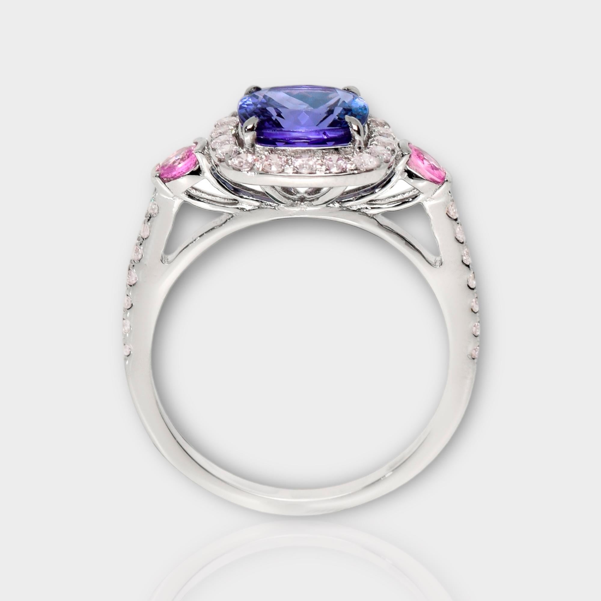 Cushion Cut IGI 14K 1.87 ct Tanzanite&Pink Diamond Antique Art Deco Engagement Ring For Sale