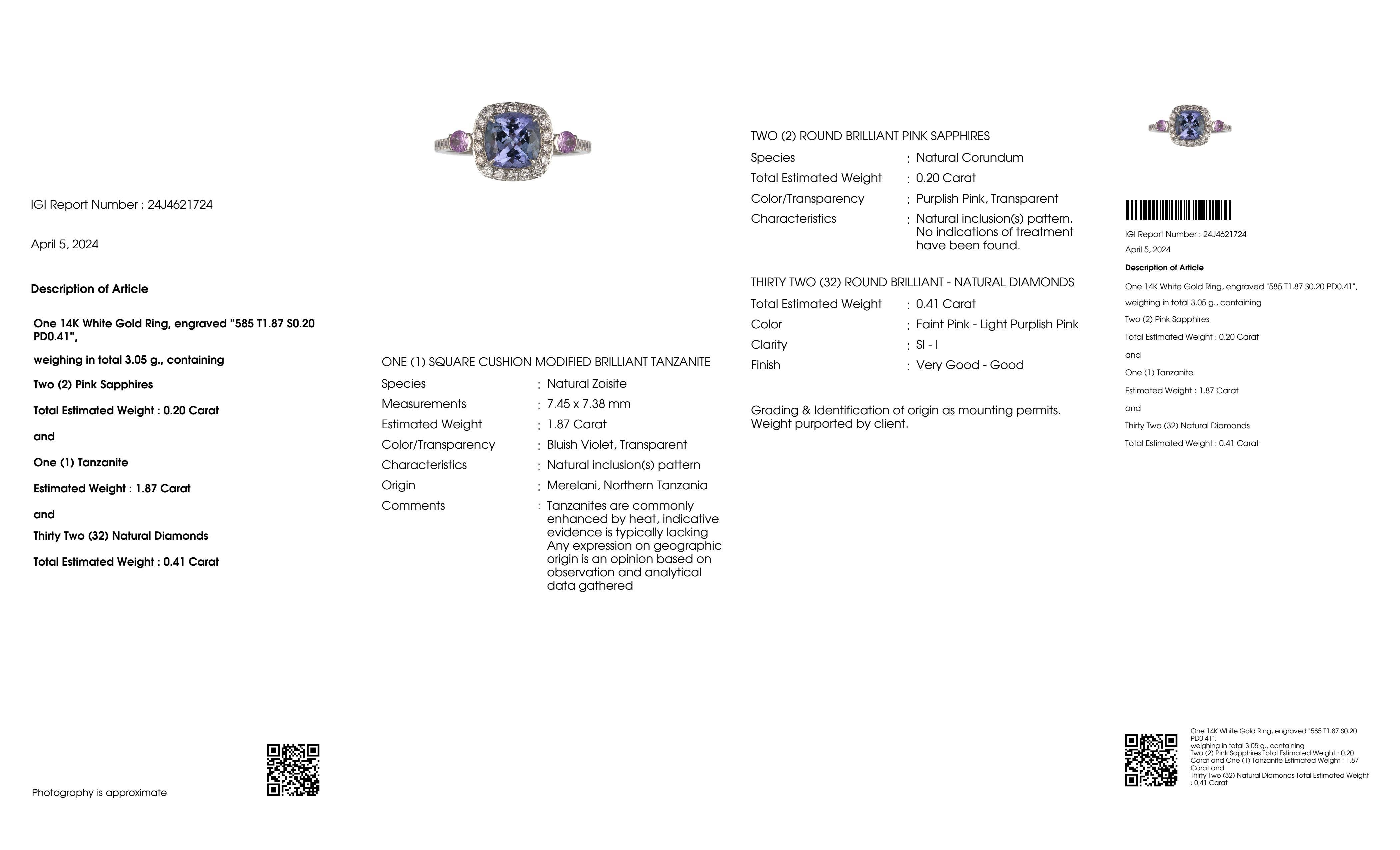 Bague de fiançailles IGI 14K 1.87 ct Tanzanite&Pink Diamond Antique Art Deco en vente 2
