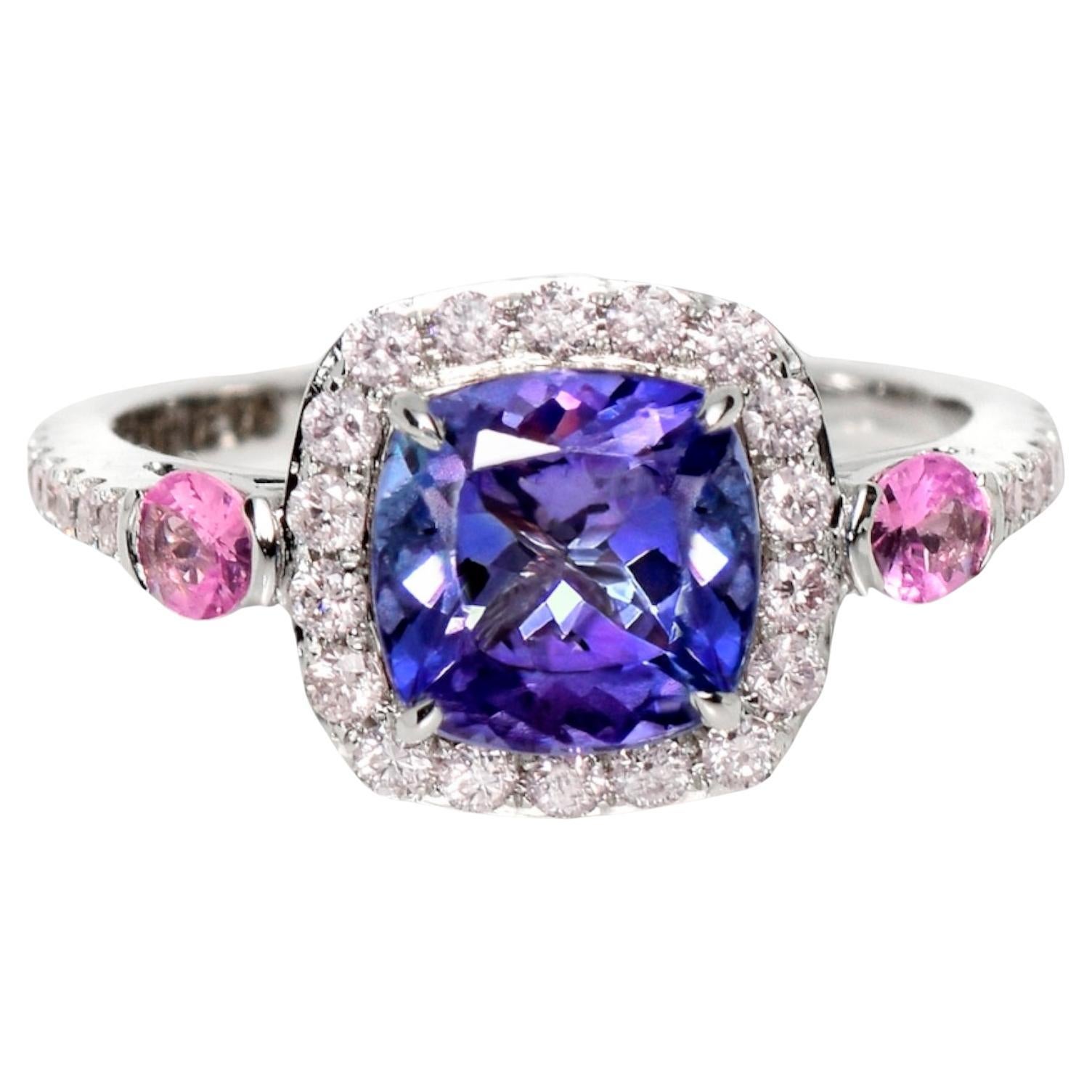Bague de fiançailles IGI 14K 1.87 ct Tanzanite&Pink Diamond Antique Art Deco en vente