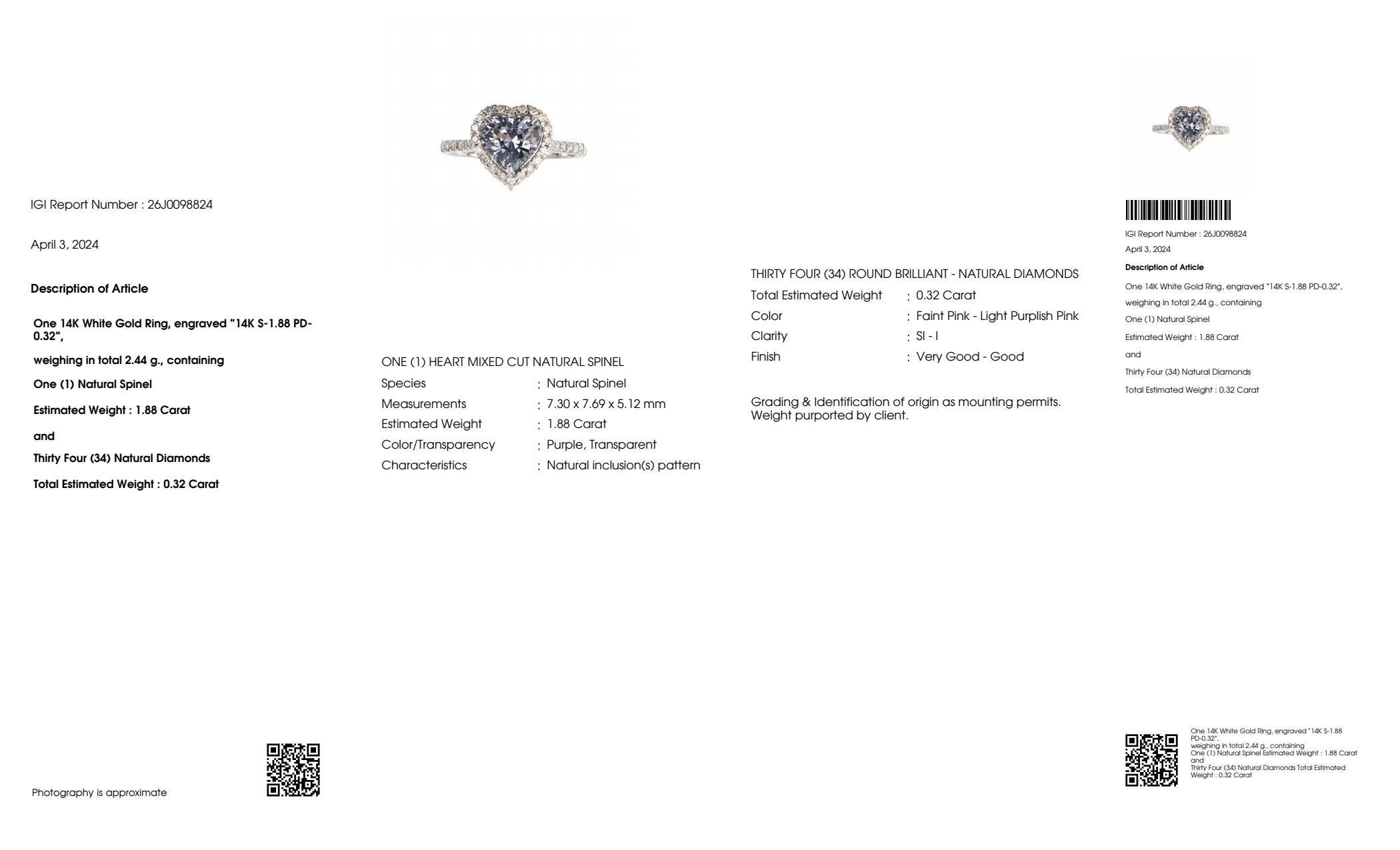 IGI 14K 1.88 Ct Purple Spinel&Pink Diamonds Antique Engagement Ring For Sale 2