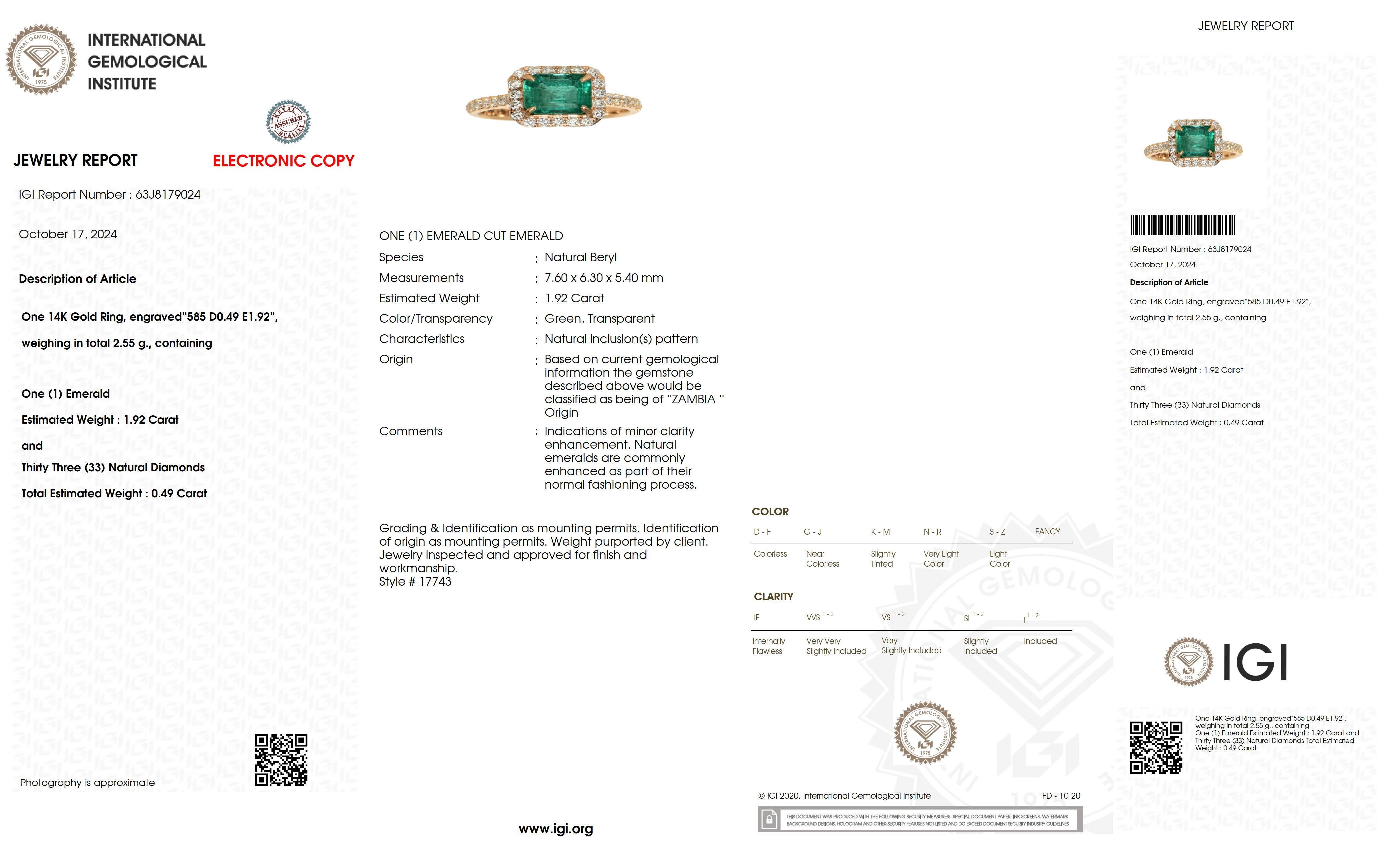 Contemporain Bague de fiançailles IGI 14K 1.92 Ct Natural Emerald&Diamonds Antique en vente