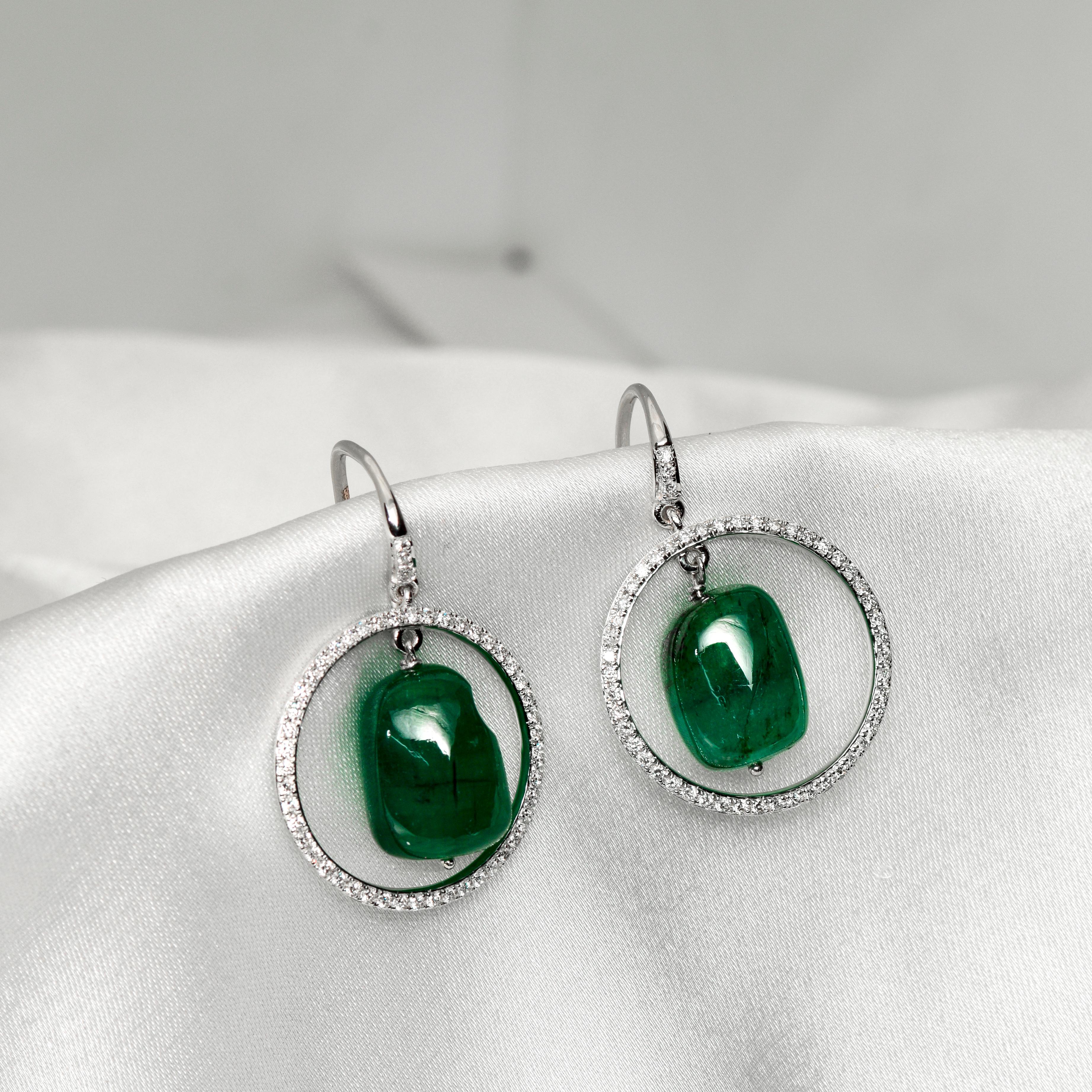 Contemporary IGI 14k 19.56ct Emerald & Diamonds Antique Art Deco Style Hook Earrings For Sale