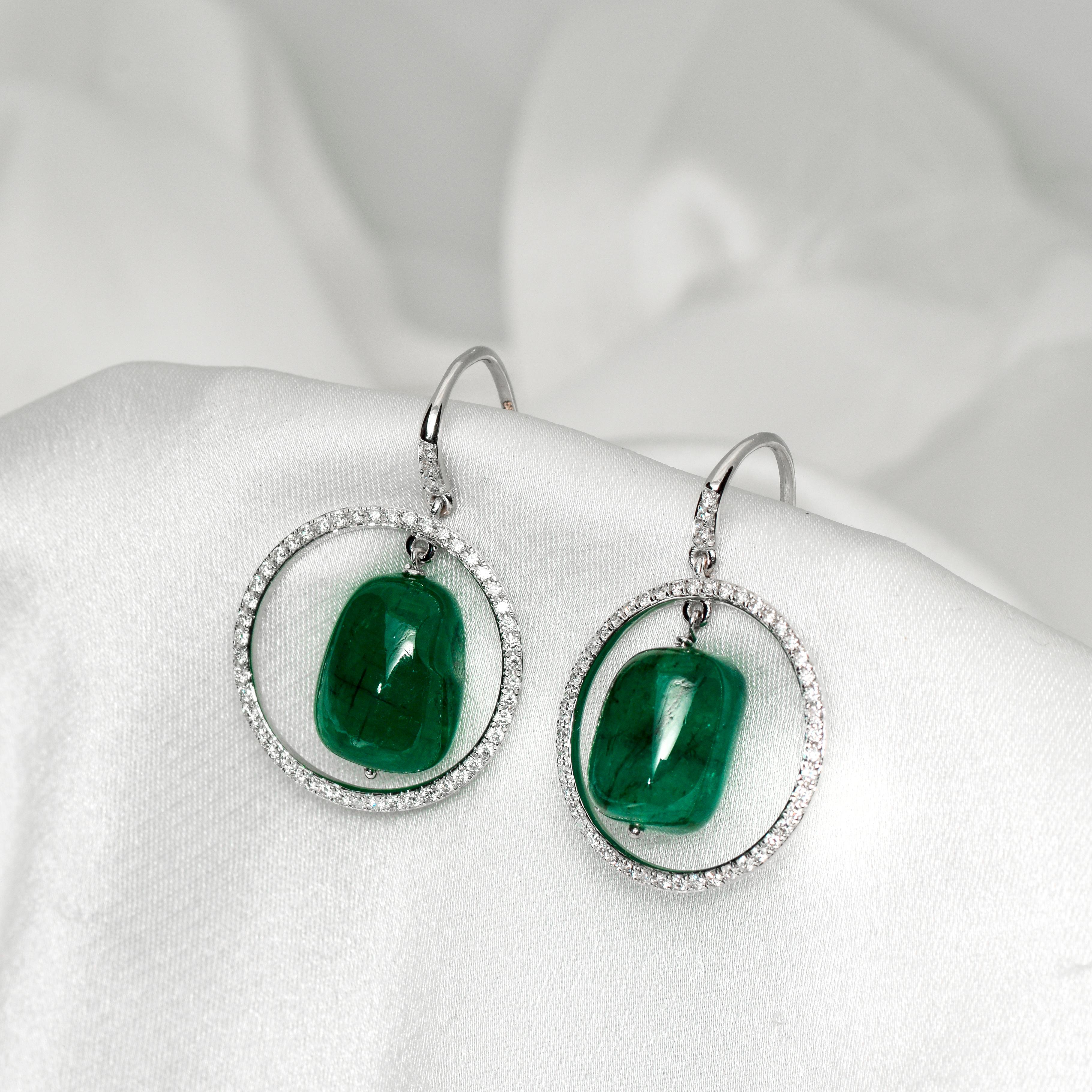 Bead IGI 14k 19.56ct Emerald & Diamonds Antique Art Deco Style Hook Earrings For Sale