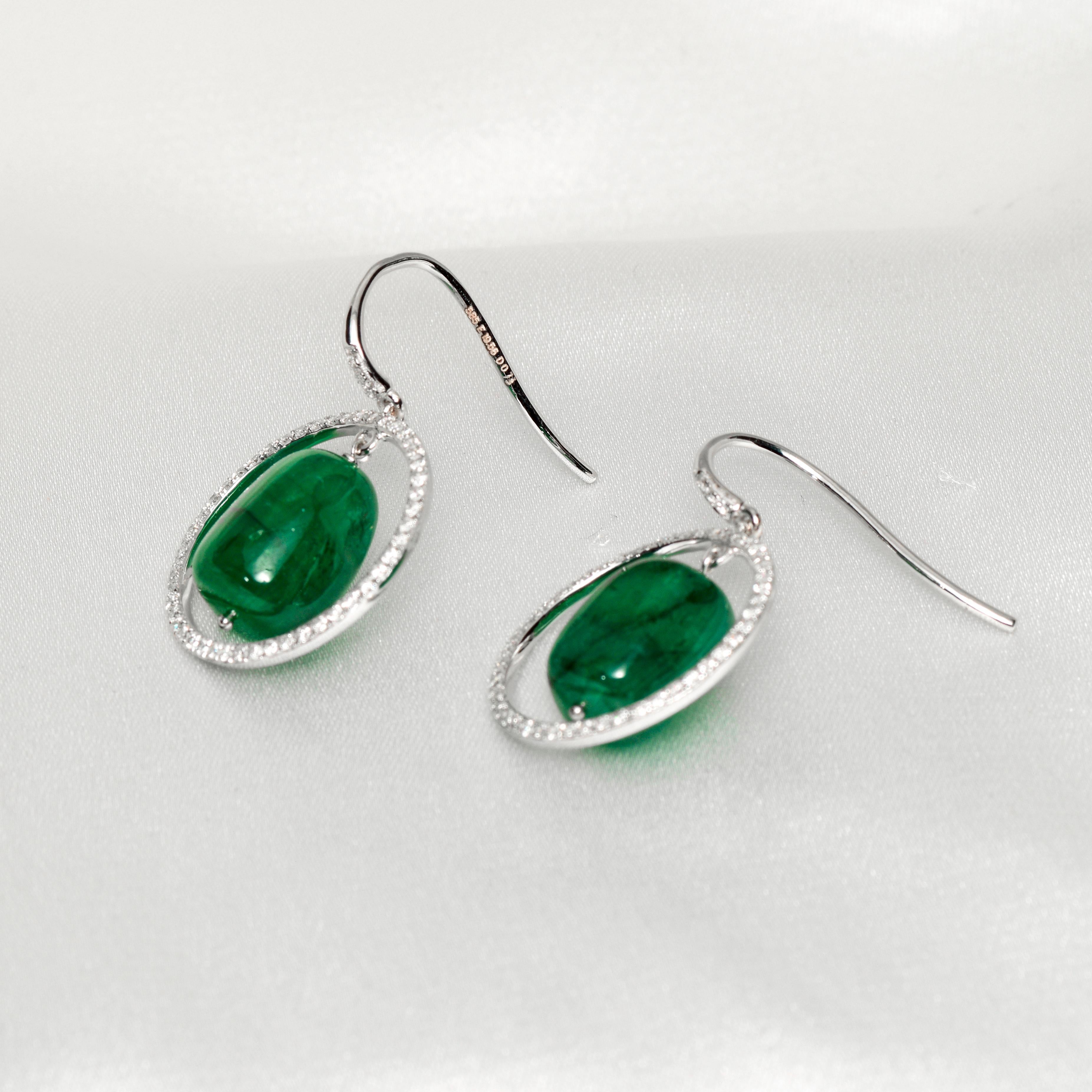 Women's IGI 14k 19.56ct Emerald & Diamonds Antique Art Deco Style Hook Earrings For Sale
