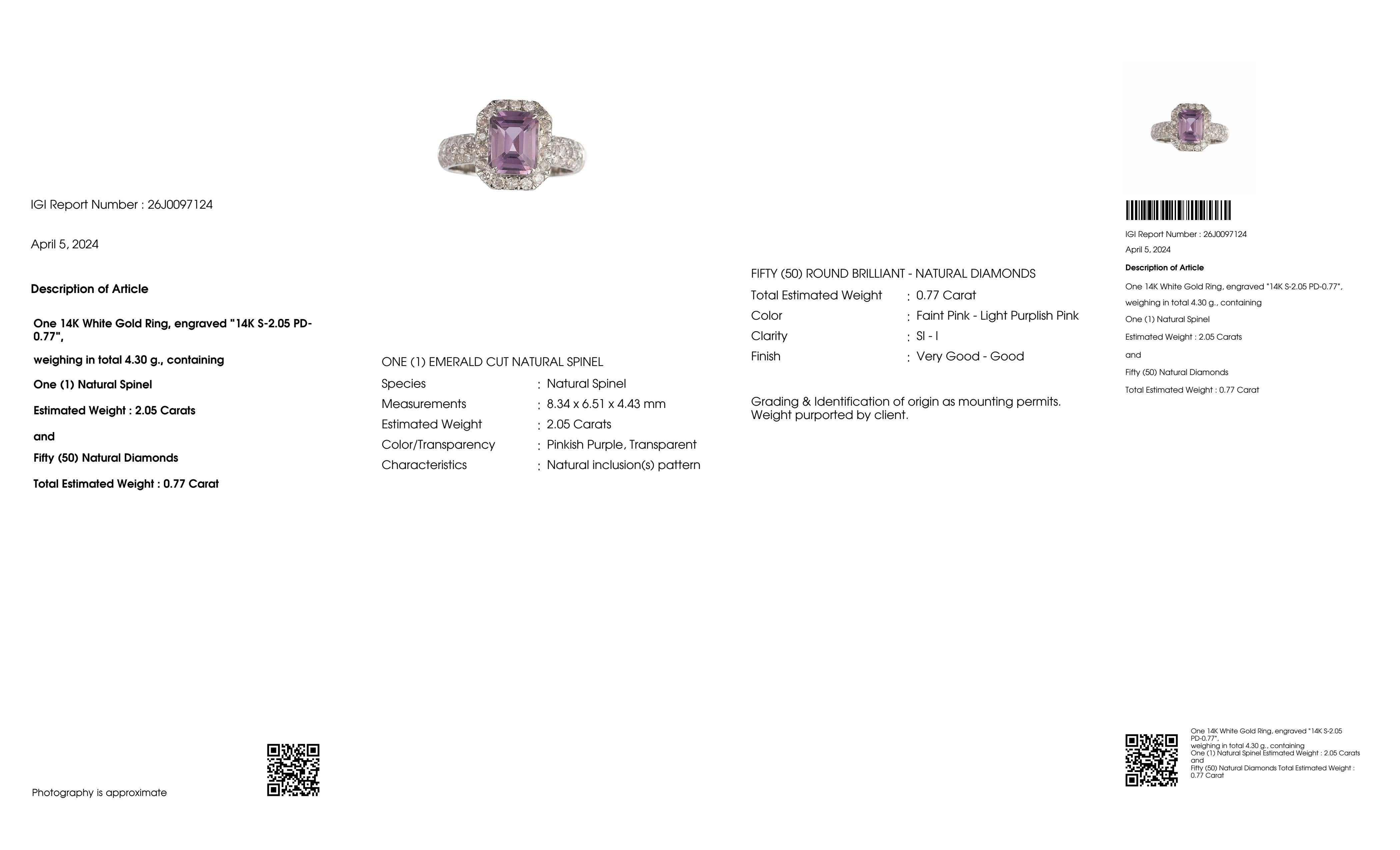 IGI 14K 2.05 Ct Pinkish Purple Spinel&Pink Diamonds Antique Engagement Ring For Sale 4