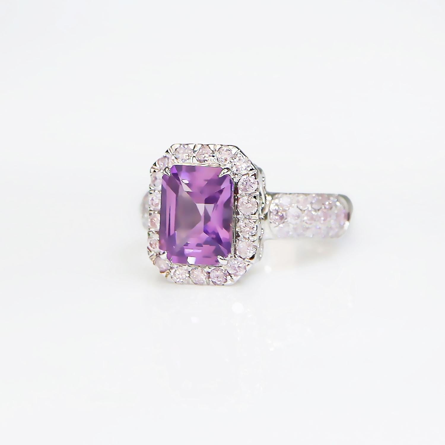 Emerald Cut IGI 14K 2.05 Ct Pinkish Purple Spinel&Pink Diamonds Antique Engagement Ring For Sale