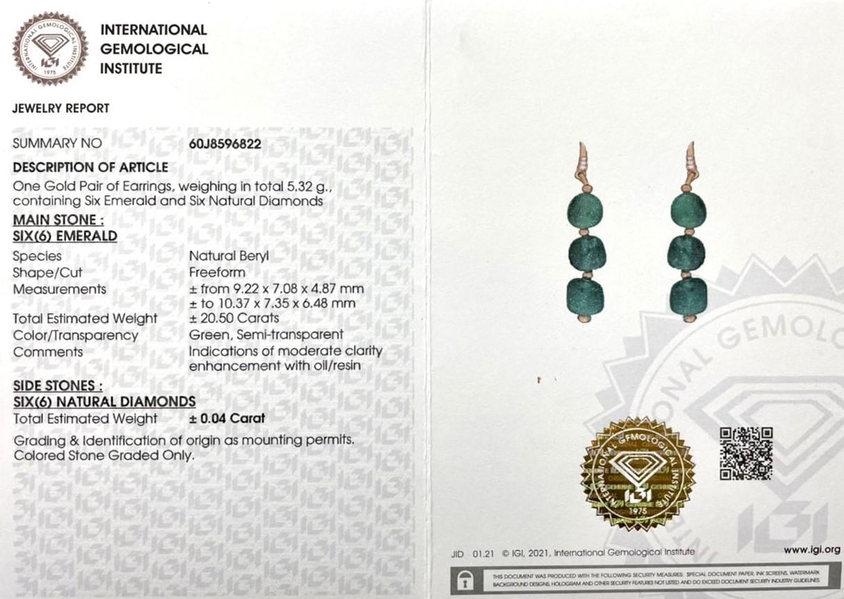 Women's IGI 14K 20.50 Ct Emerald&Diamonds Antique Art Deco Style Hook Earrings For Sale