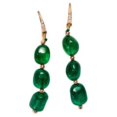 Boucles d'oreilles IGI 14K 20.50 Ct Emerald&Diamonds Antique Art Deco Style Hook Earrings
