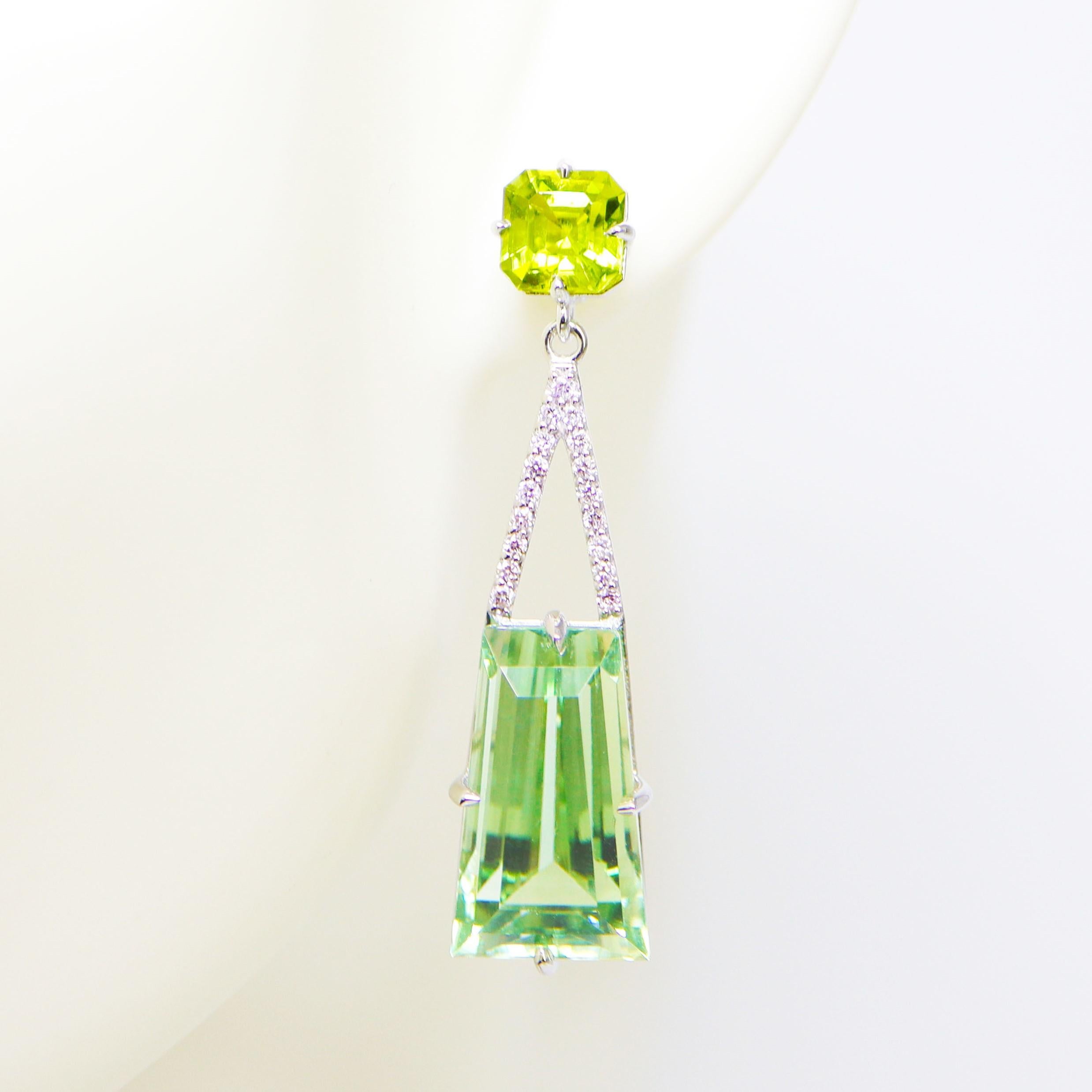 Women's IGI 14k 20.67 Carat Green Prasiolite&Peridot Antique Art Deco Drop Earrings For Sale