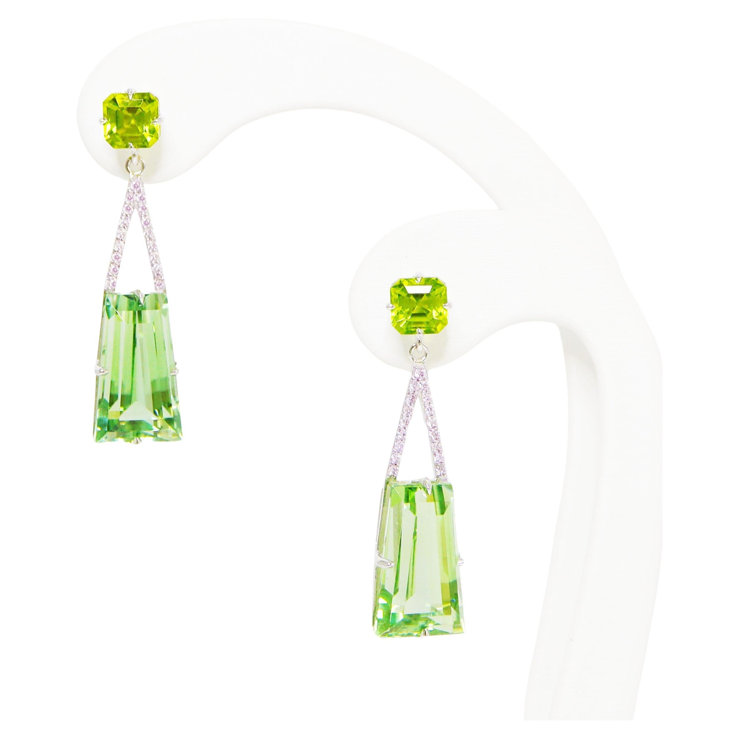 IGI 14k 20.67 Carat Green Prasiolite&Peridot Antique Art Deco Drop Earrings For Sale