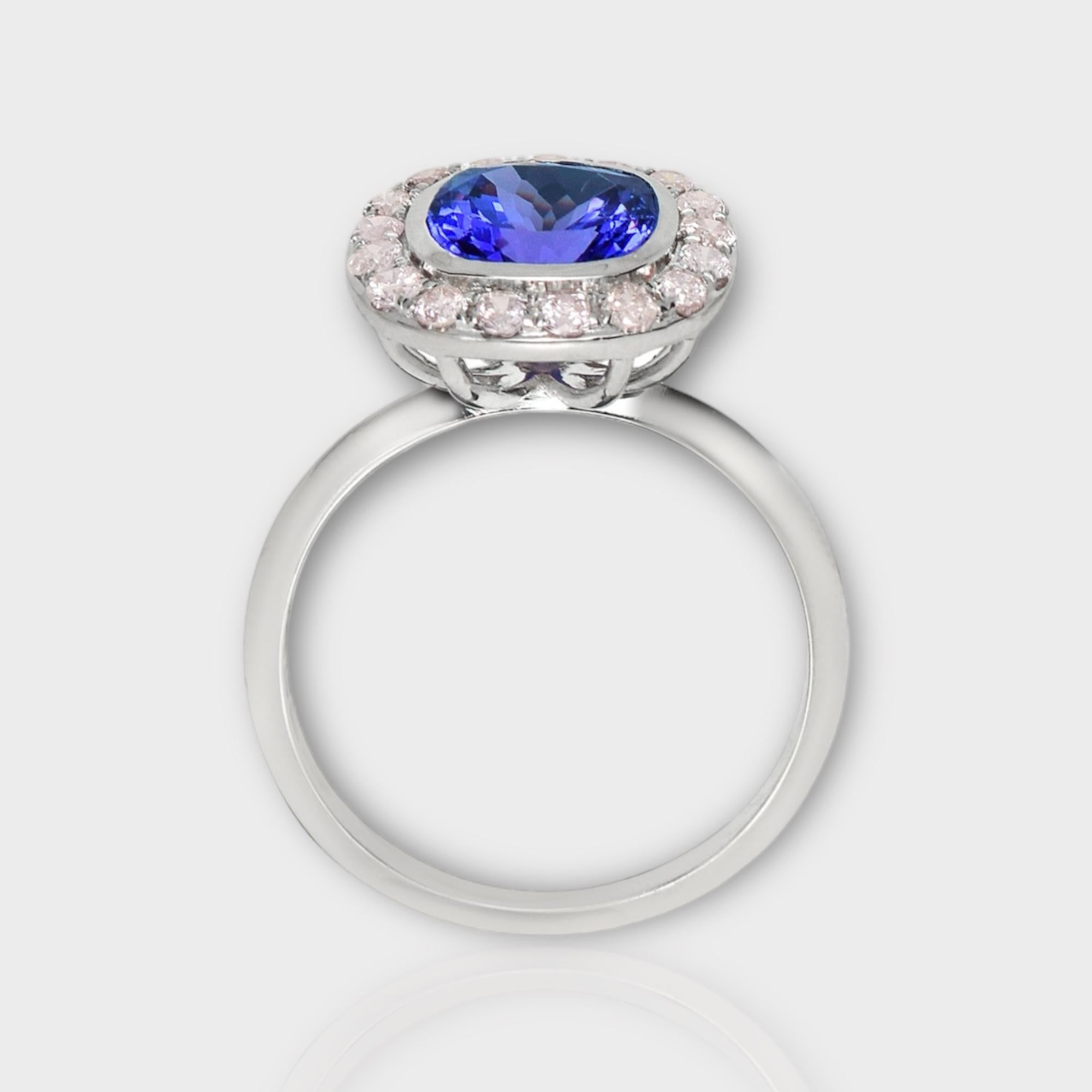 Cushion Cut IGI 14K 2.07 ct Tanzanite&Pink Diamond Antique Art Deco Engagement Ring For Sale