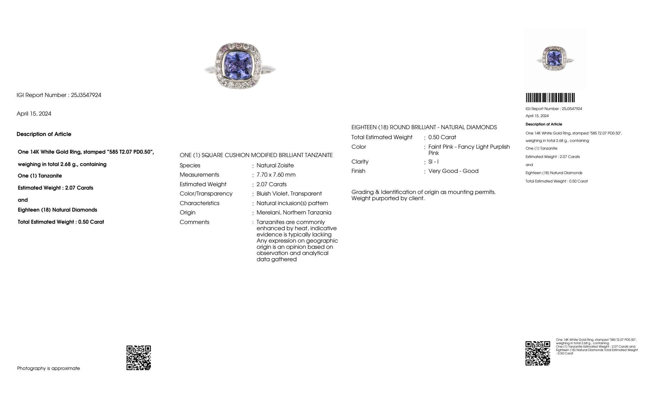 IGI 14K 2.07 ct Tanzanite&Pink Diamond Antique Art Deco Engagement Ring For Sale 2