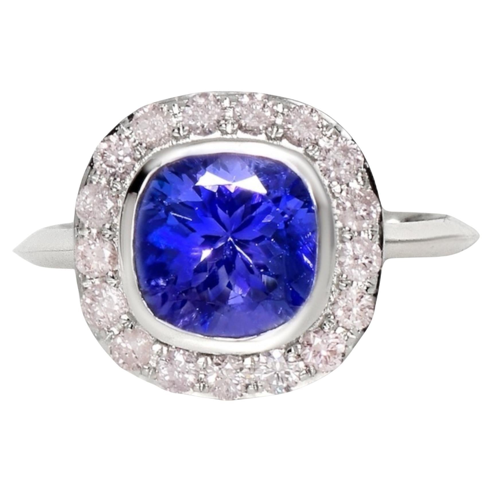 Bague de fiançailles IGI 14K 2.07 ct Tanzanite&Pink Diamond Antique Art Deco en vente