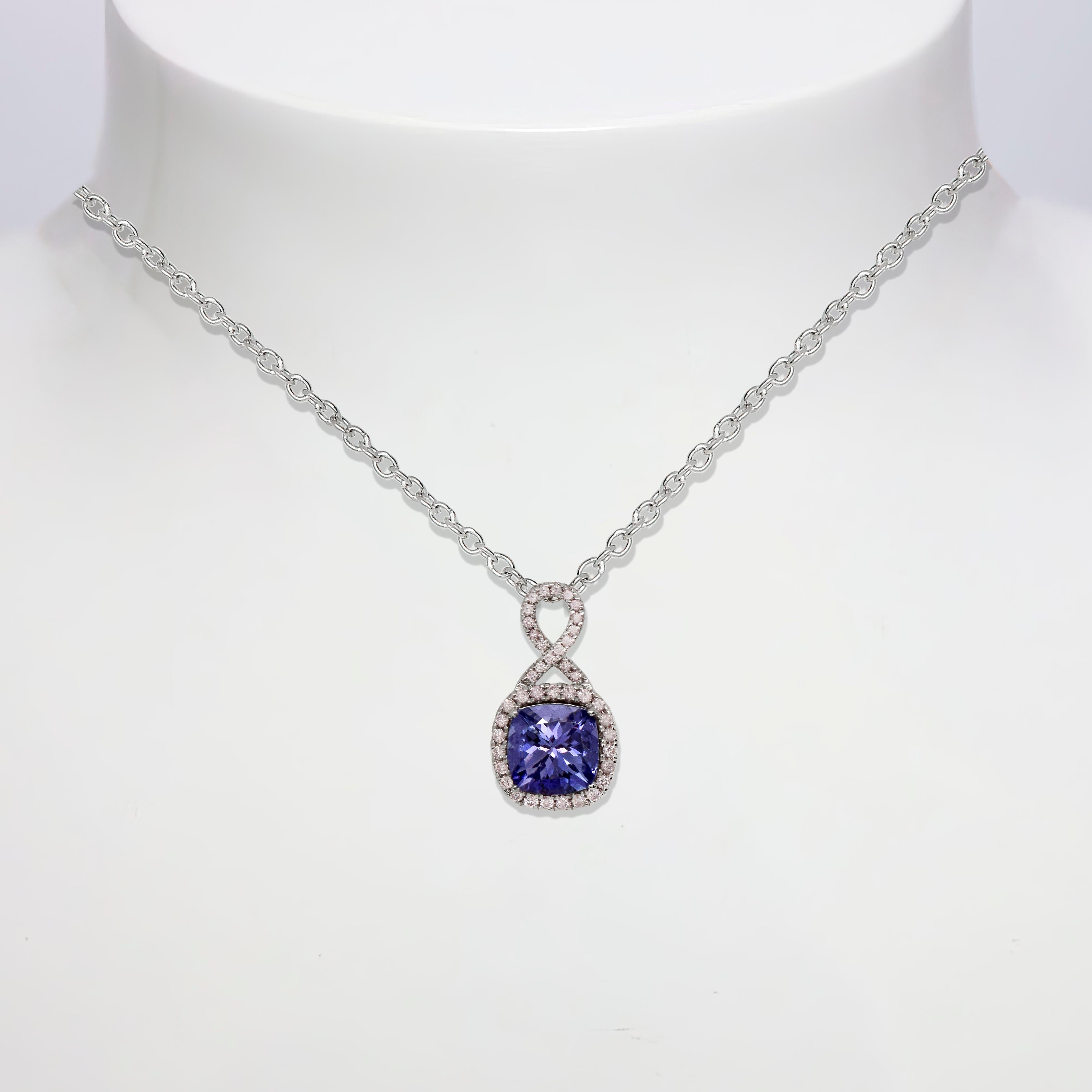*IGI 14K 2.08 ct Tanzanite&Pink Diamond Antique Pendant Necklace*
The natural bluish violet tanzanite, weighing 2.08 ct, is the center stone surrounded by natural pink diamonds weighing 0.45 ct on the 14K white gold halo design band.

The classic