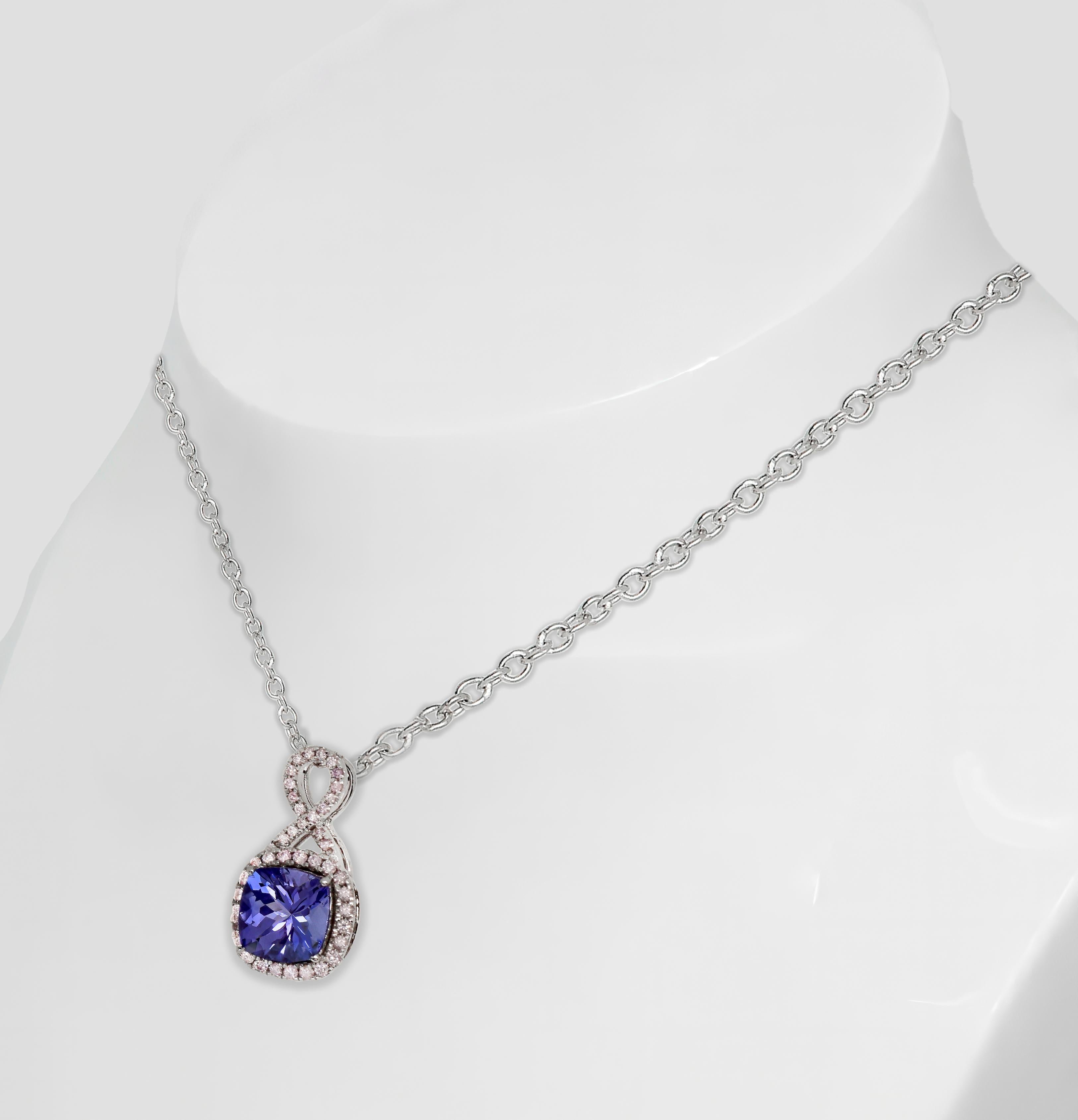 Contemporary IGI 14K 2.08 ct Tanzanite&Pink Diamond Antique Pendant Necklace For Sale