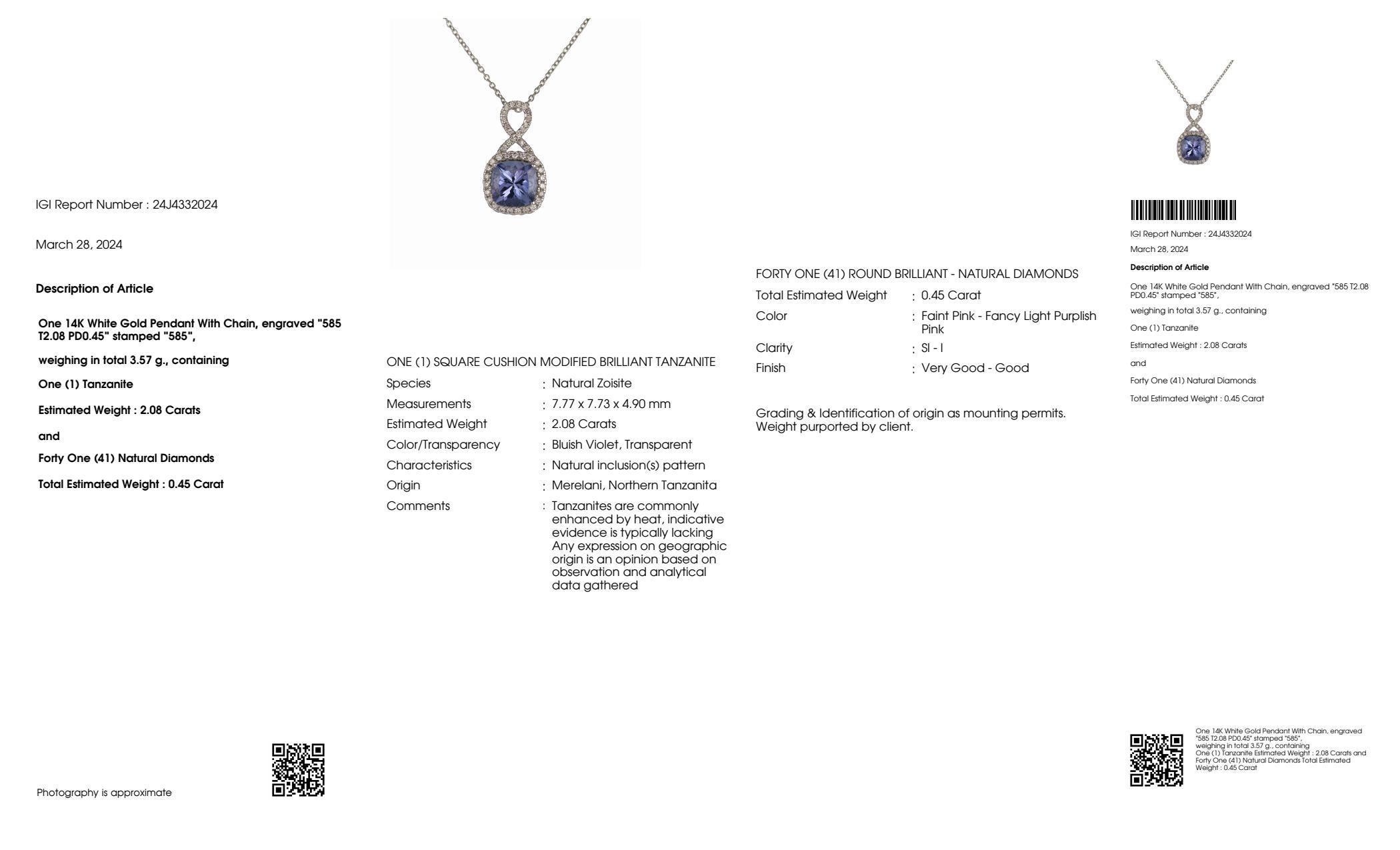 IGI 14K 2.08 ct Tanzanite&Pink Diamond Antique Pendant Necklace For Sale 2
