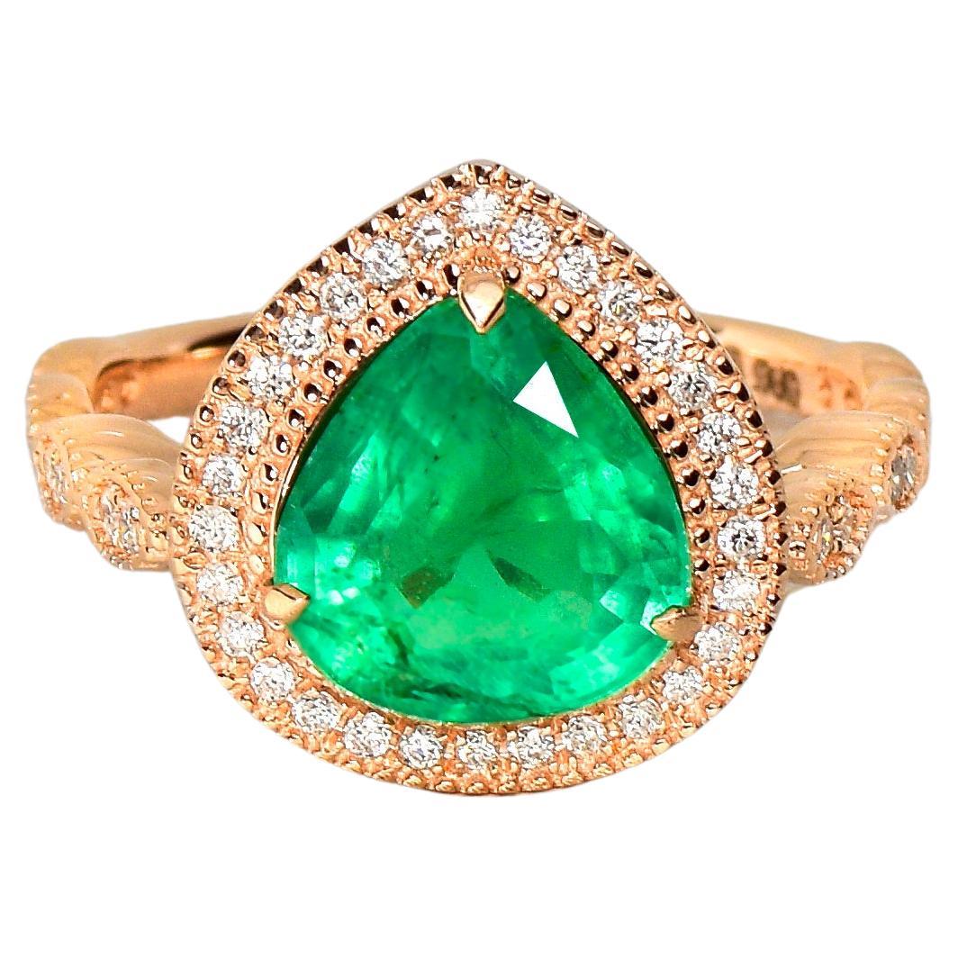 IGI 14k 2.09 Natural Emerald Diamond Antique Art Deco Style Engagement Ring
