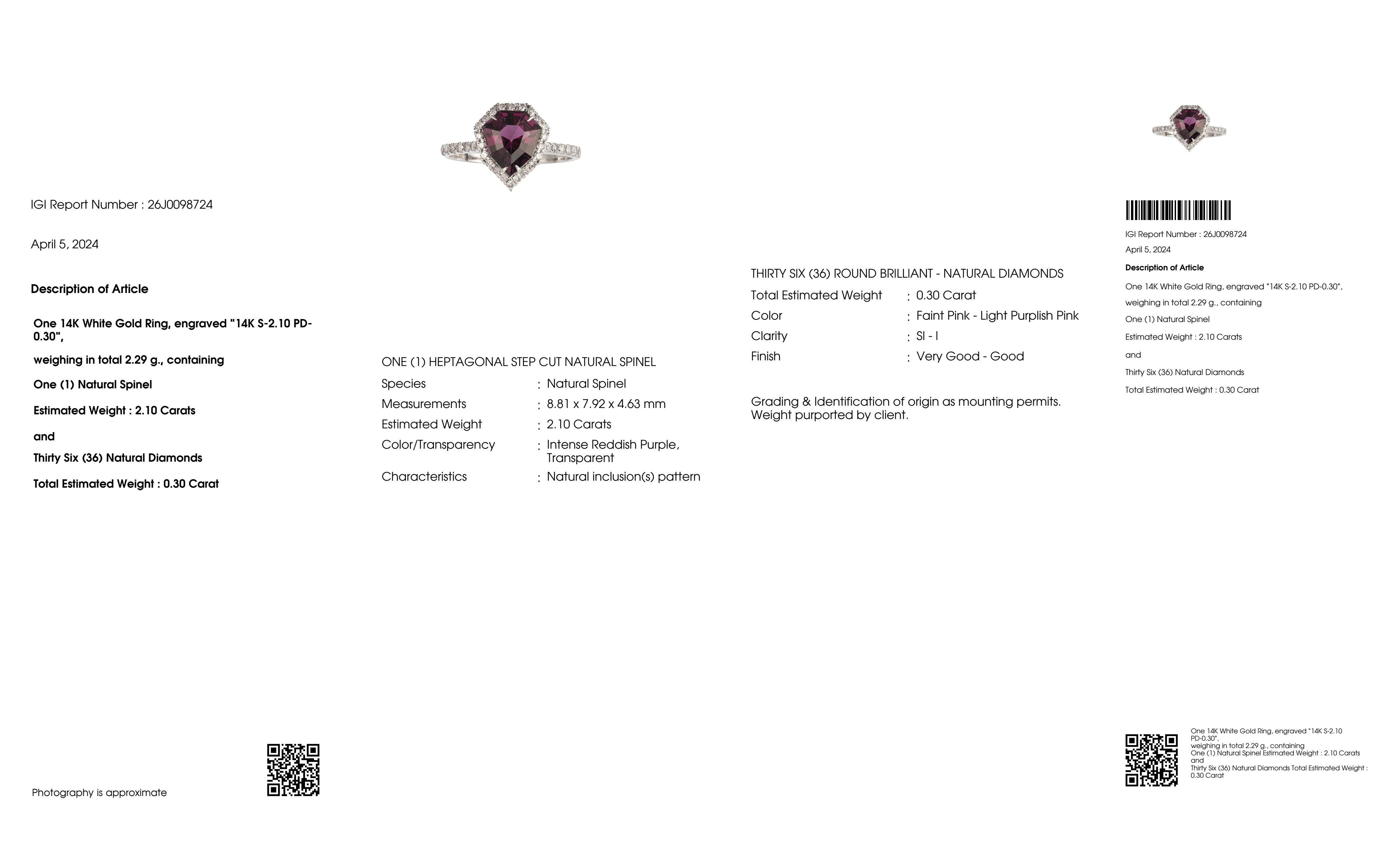 IGI 14K 2.10 Ct Purple Spinel&Pink Diamonds Antique Engagement Ring For Sale 3