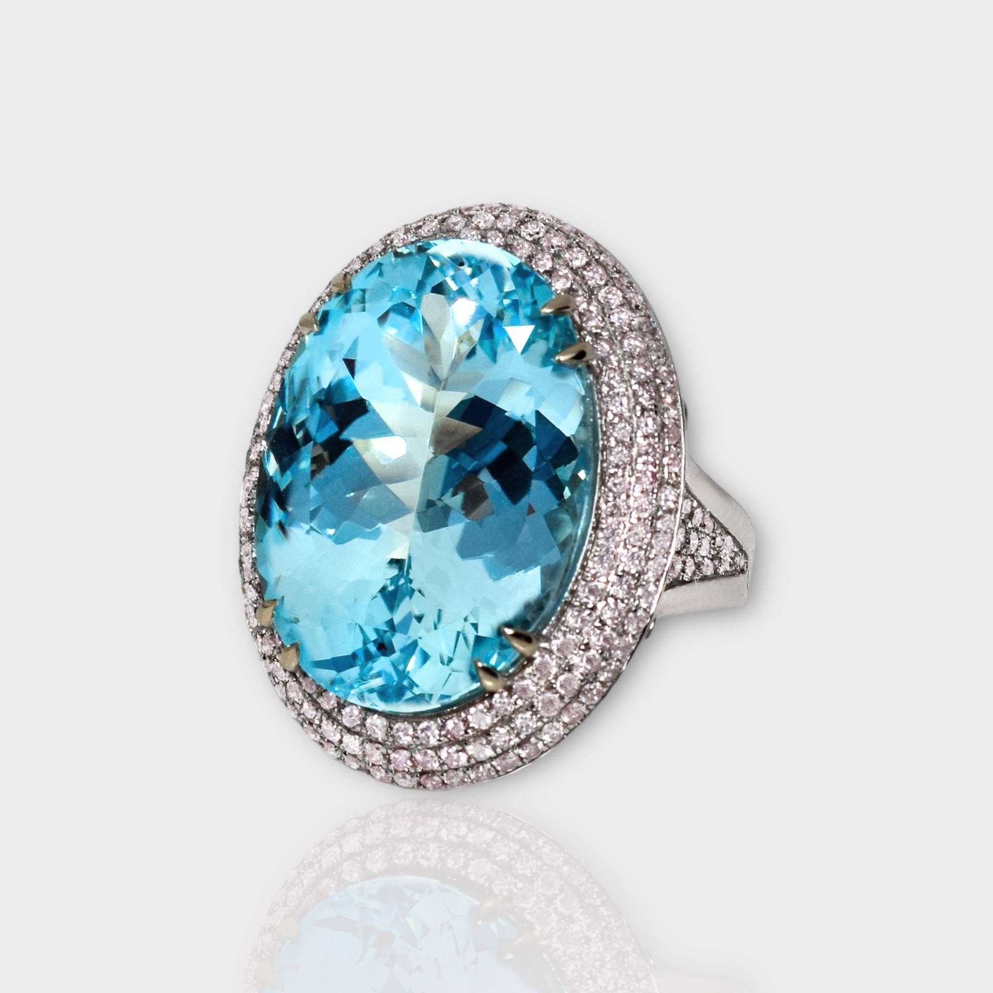 Contemporary IGI 14K 21.85 Ct Santa Maria Blue Aquamarine&Pink Diamonds Cocktail Ring For Sale