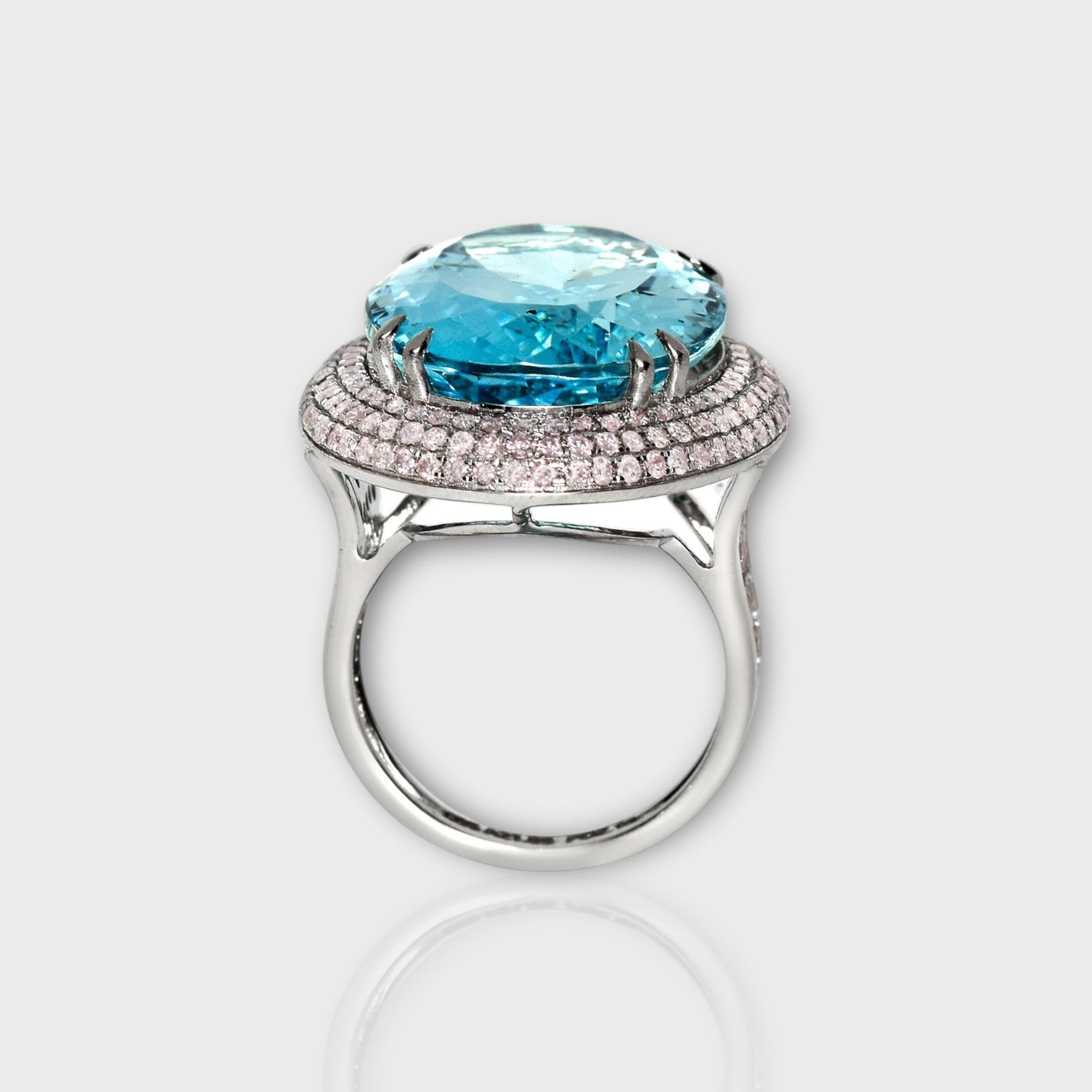 Oval Cut IGI 14K 21.85 Ct Santa Maria Blue Aquamarine&Pink Diamonds Cocktail Ring For Sale