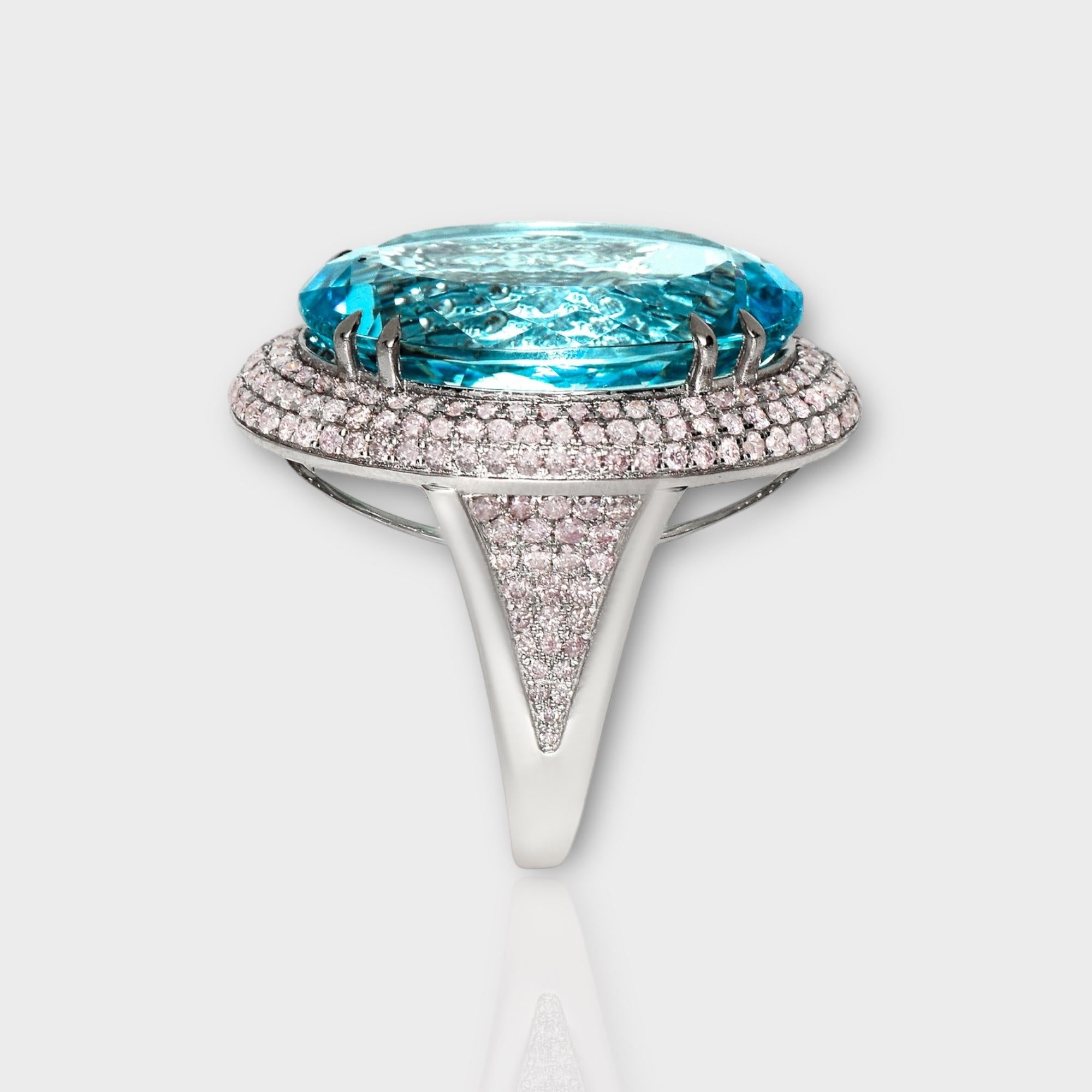 IGI 14K 21.85 Ct Santa Maria Blue Aquamarine&Pink Diamonds Cocktail Ring In New Condition For Sale In Kaohsiung City, TW