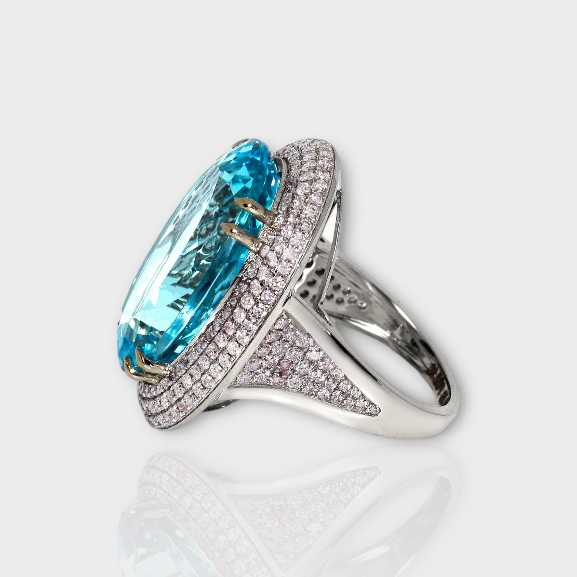 Women's IGI 14K 21.85 Ct Santa Maria Blue Aquamarine&Pink Diamonds Cocktail Ring For Sale