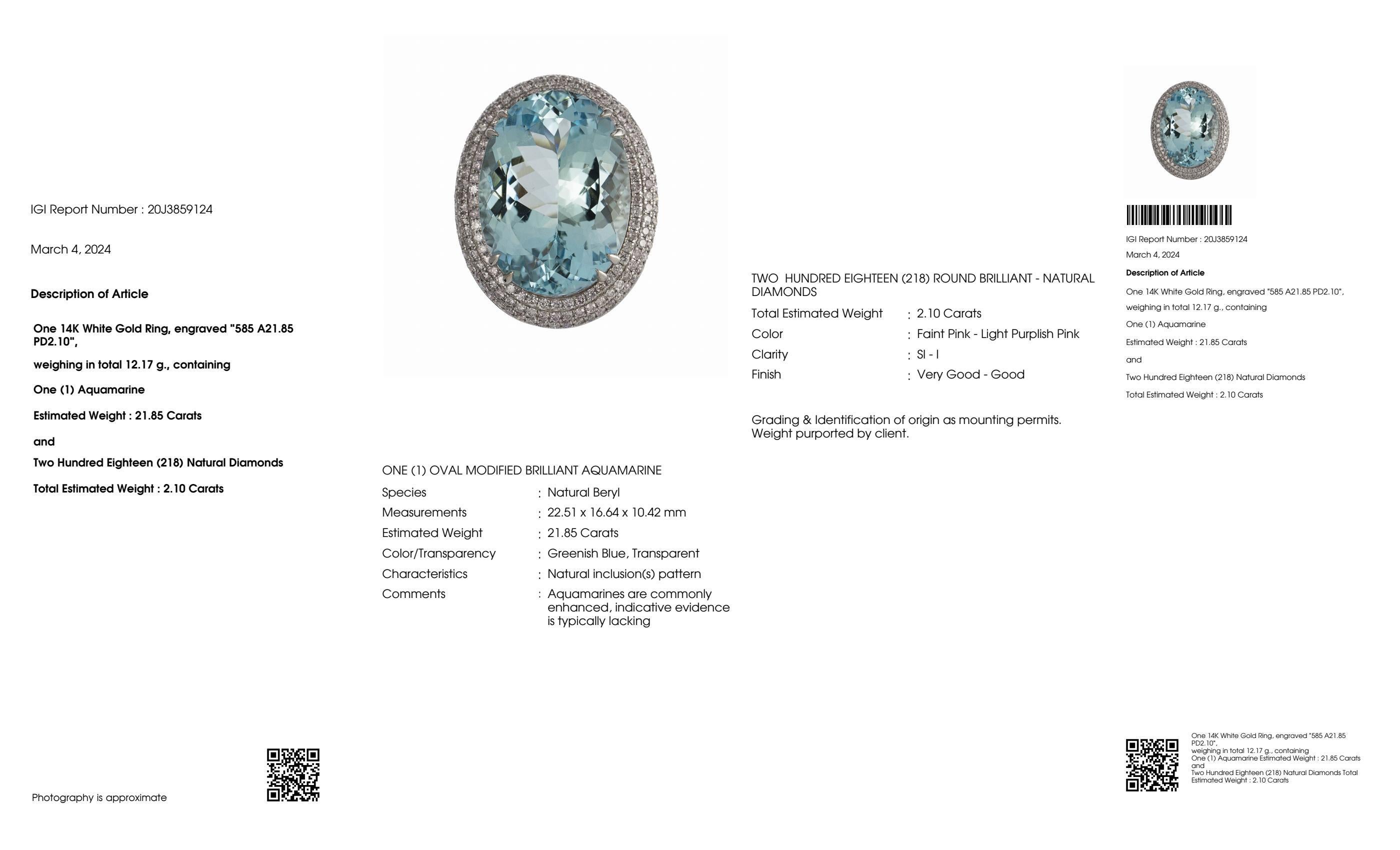 IGI 14K 21.85 Ct Santa Maria Blue Aquamarine&Pink Diamonds Cocktail Ring For Sale 2