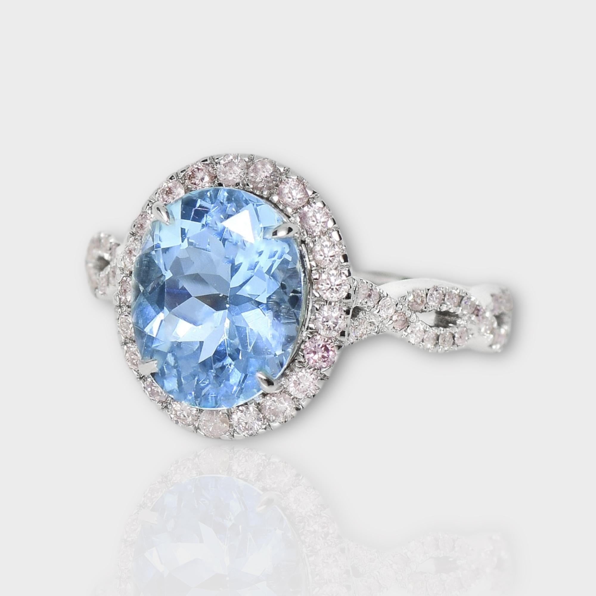 Contemporary IGI 14K 2.19 Ct Aquamarine&Pink Diamonds Antique Art Deco Style Engagement Ring For Sale