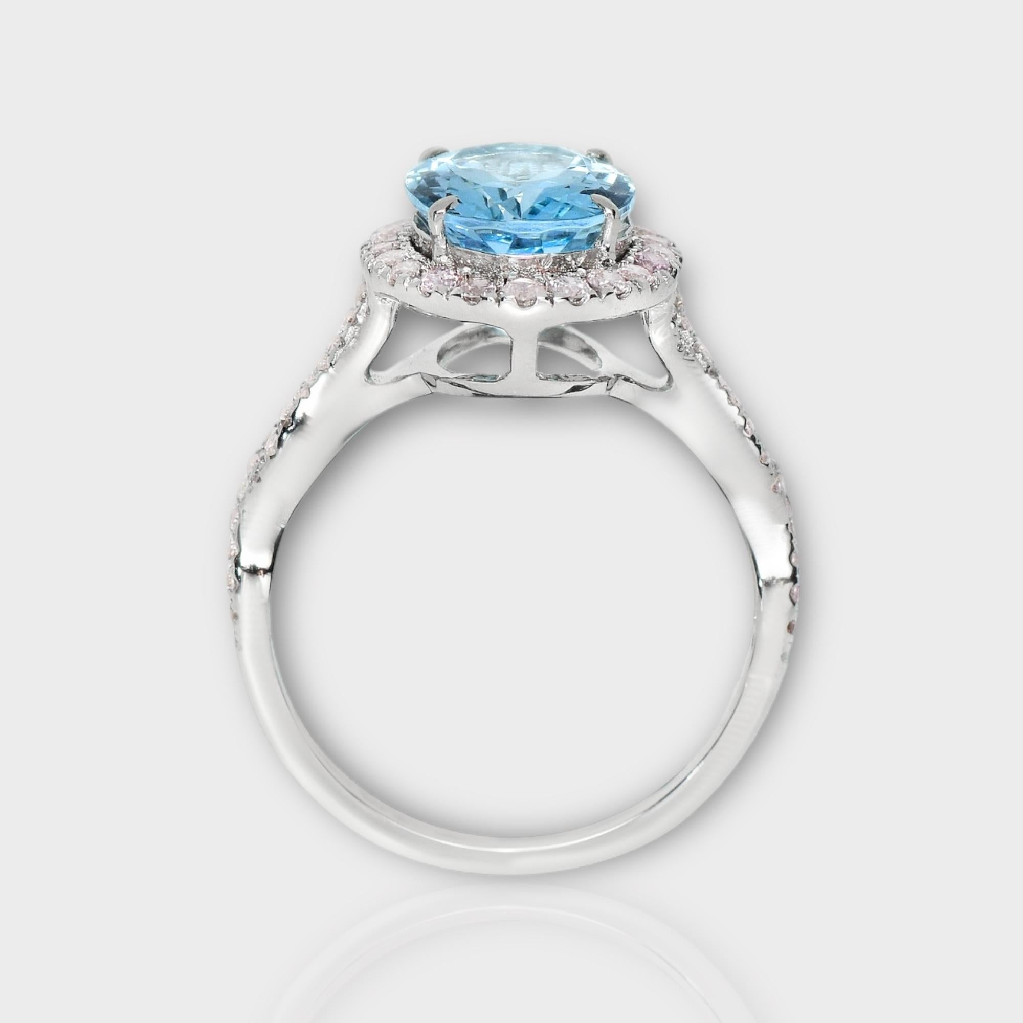 Taille ovale Bague de fiançailles IGI 14K 2.19 Ct Aquamarine&Pink Diamonds Antique Art Deco Style en vente