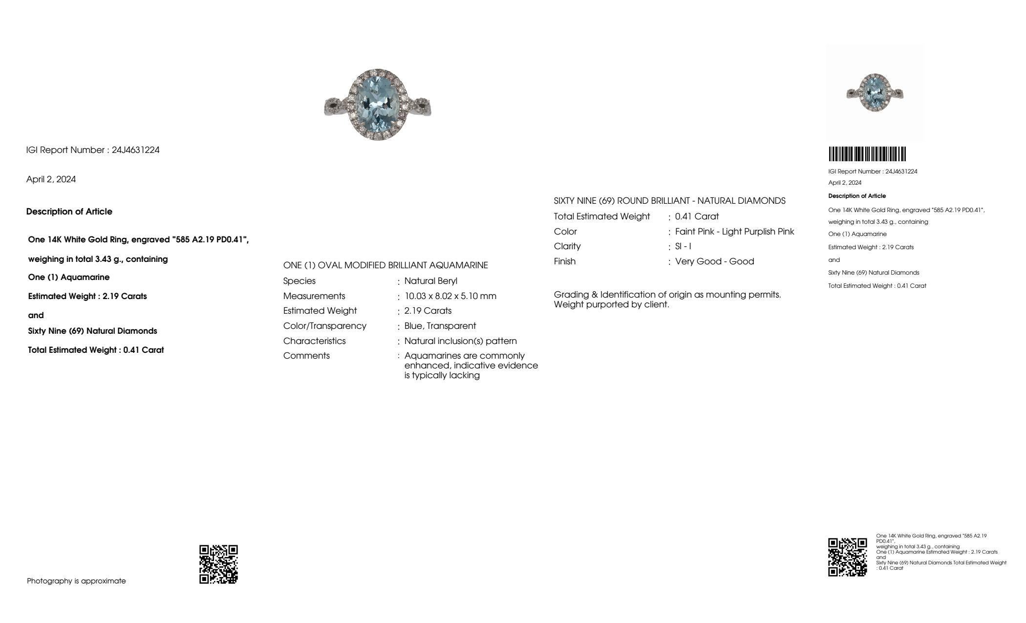 IGI 14K 2,19 Karat Aquamarin&Rosa Diamanten Antiker Verlobungsring im Art-déco-Stil im Angebot 2