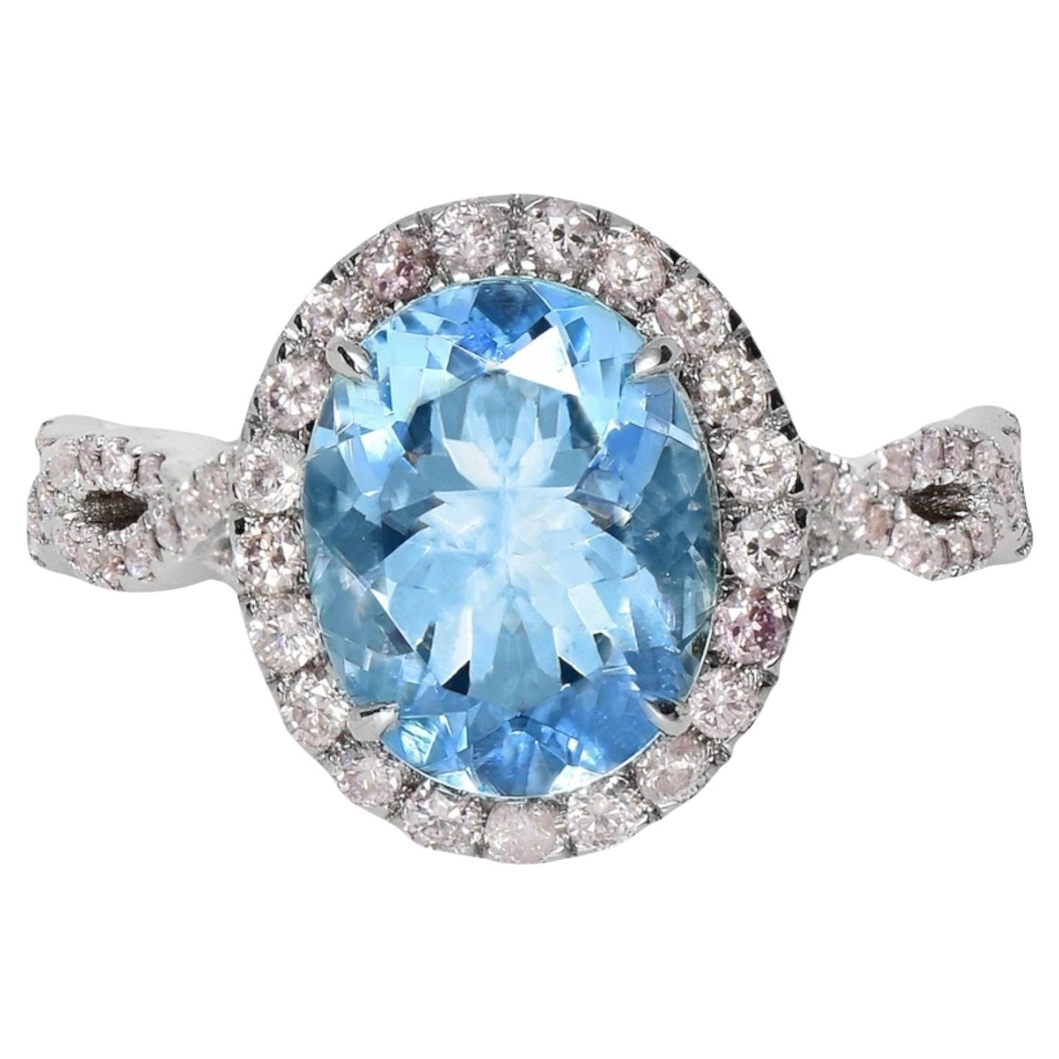 Bague de fiançailles IGI 14K 2.19 Ct Aquamarine&Pink Diamonds Antique Art Deco Style en vente