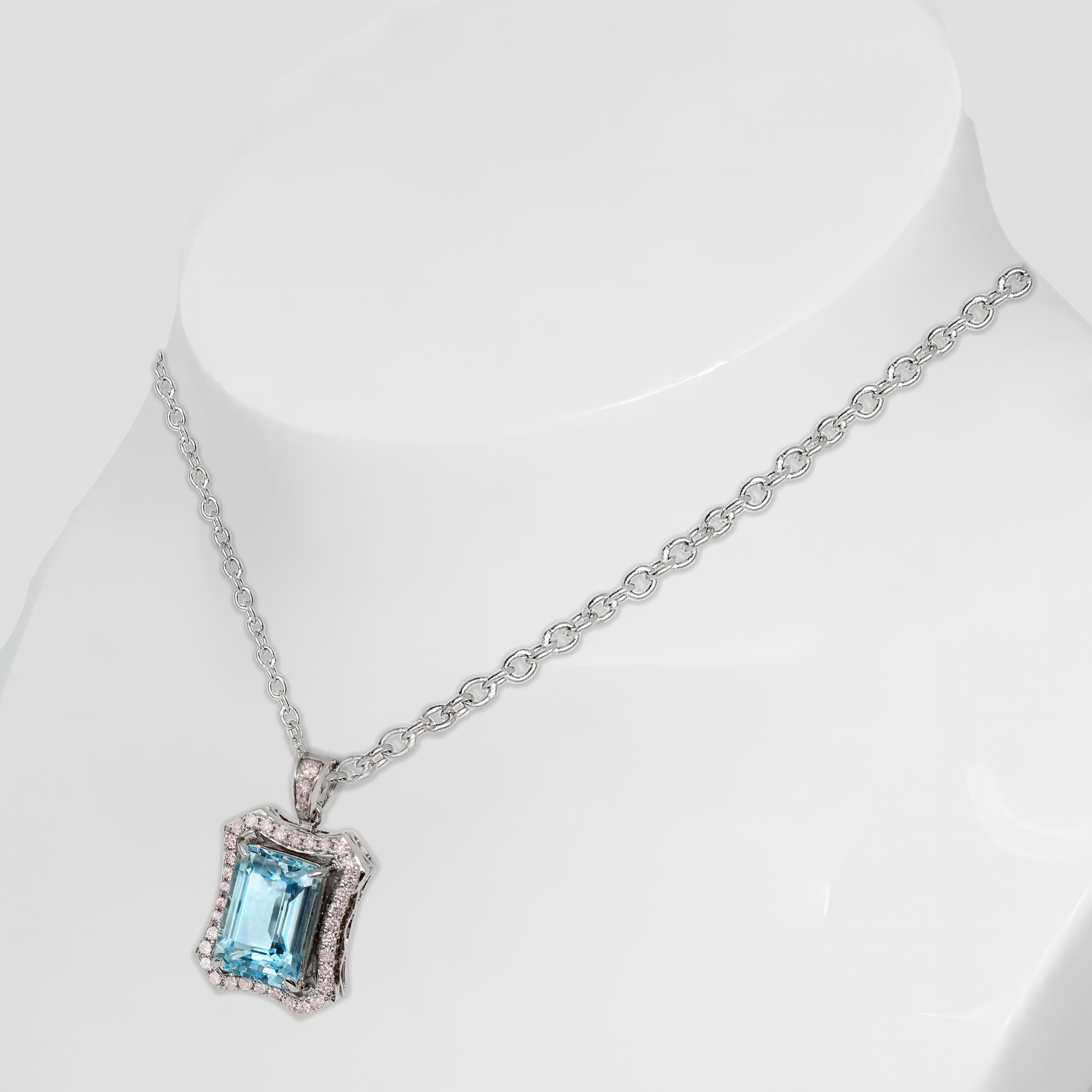 Contemporary IGI 14K 2.21 Ct Aquamarine&Pink Diamonds Pendant Necklace For Sale