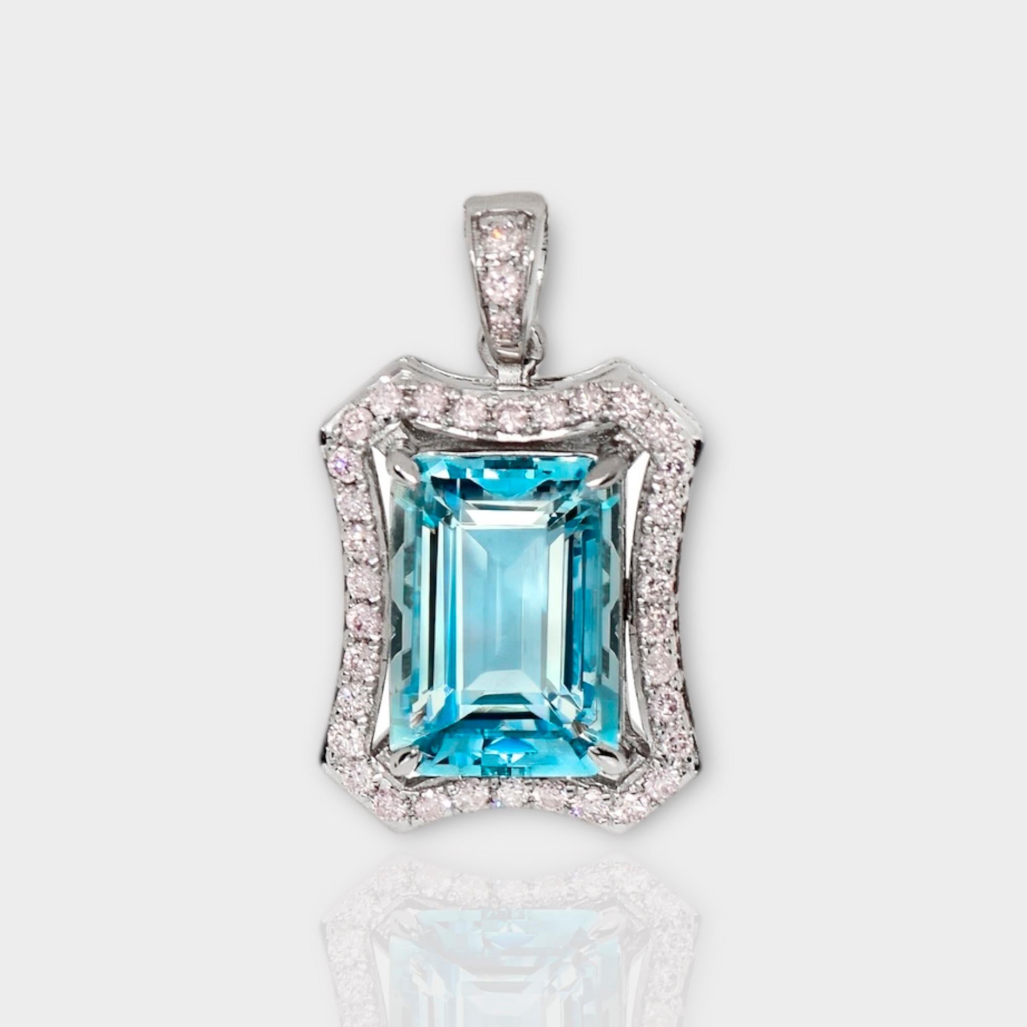 Emerald Cut IGI 14K 2.21 Ct Aquamarine&Pink Diamonds Pendant Necklace For Sale