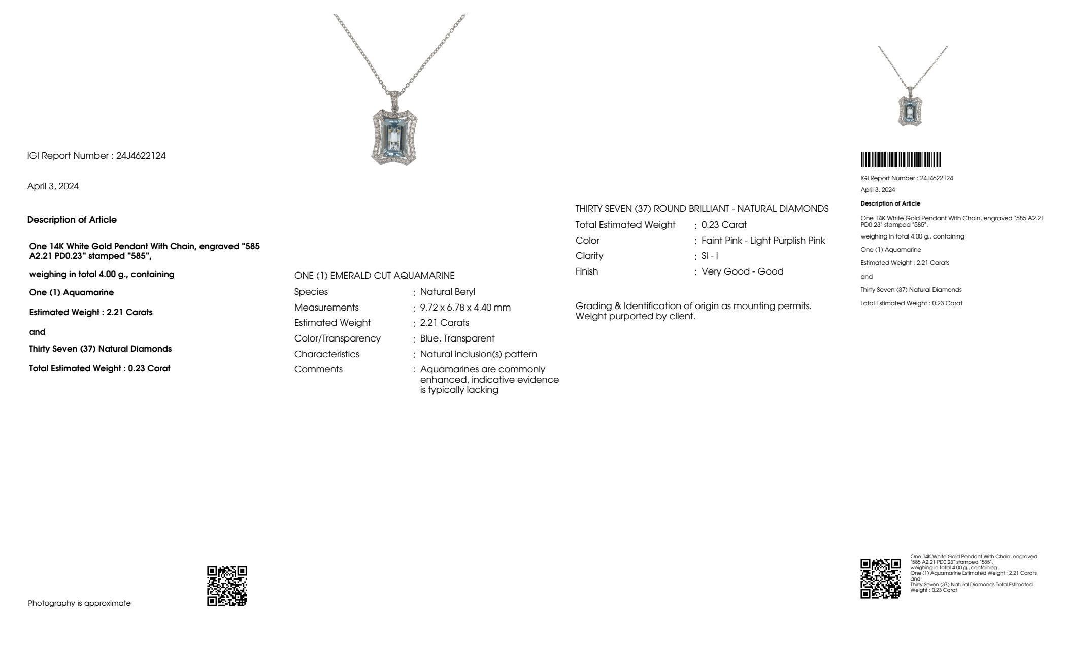 IGI 14K 2.21 Ct Aquamarine&Pink Diamonds Pendant Necklace For Sale 2
