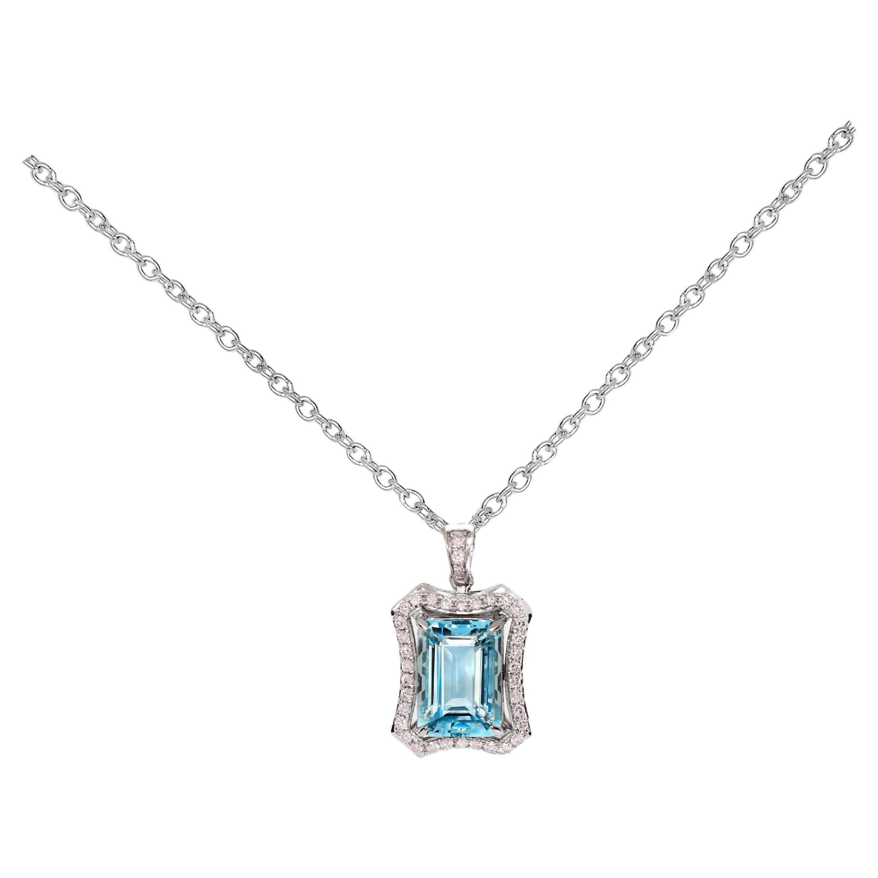 IGI 14K 2.21 Ct Aquamarine&Pink Diamonds Pendant Necklace