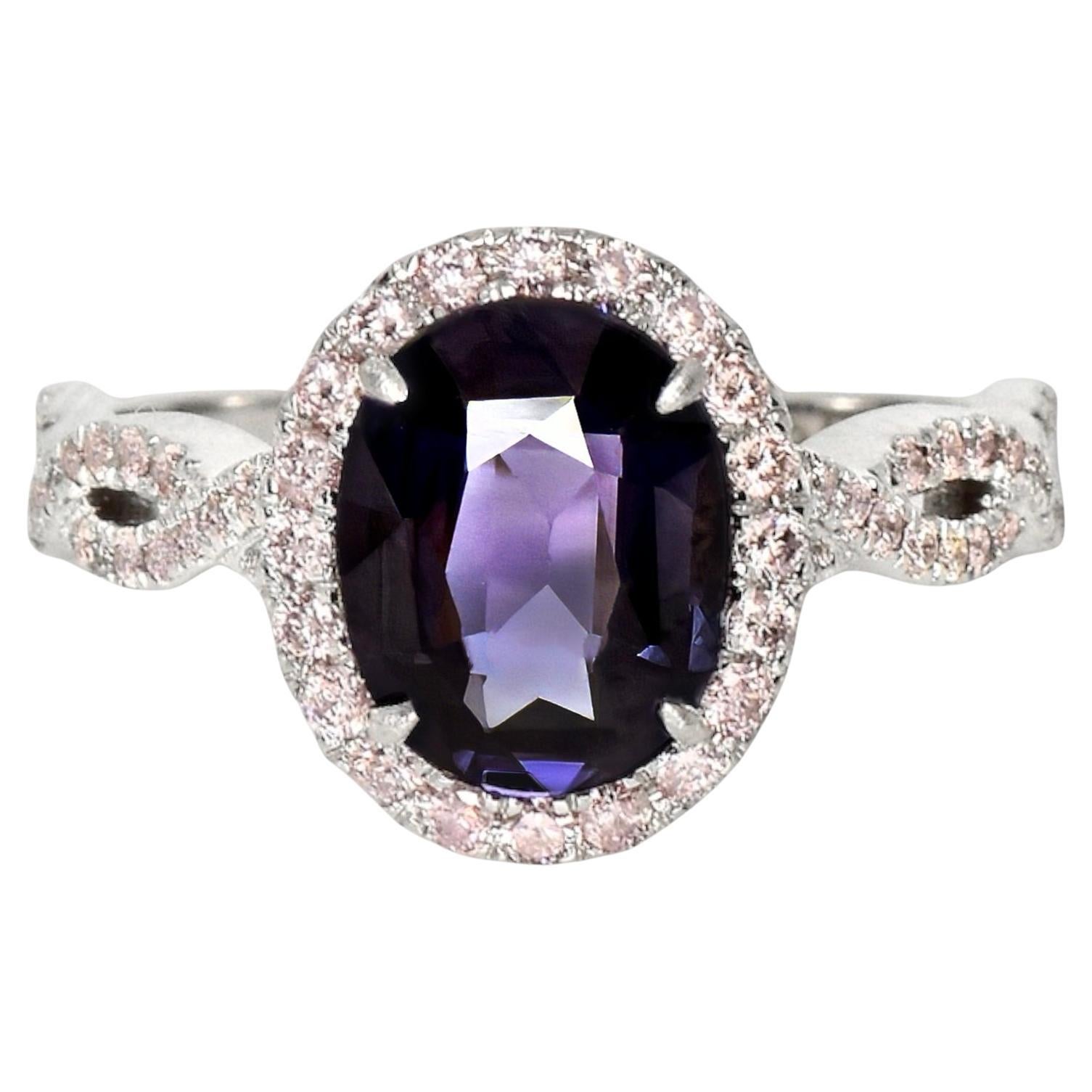 IGI Verlobungsring, IGI 2,23 Karat 14K Weißer tieflila Spinell&Rosa Diamanten