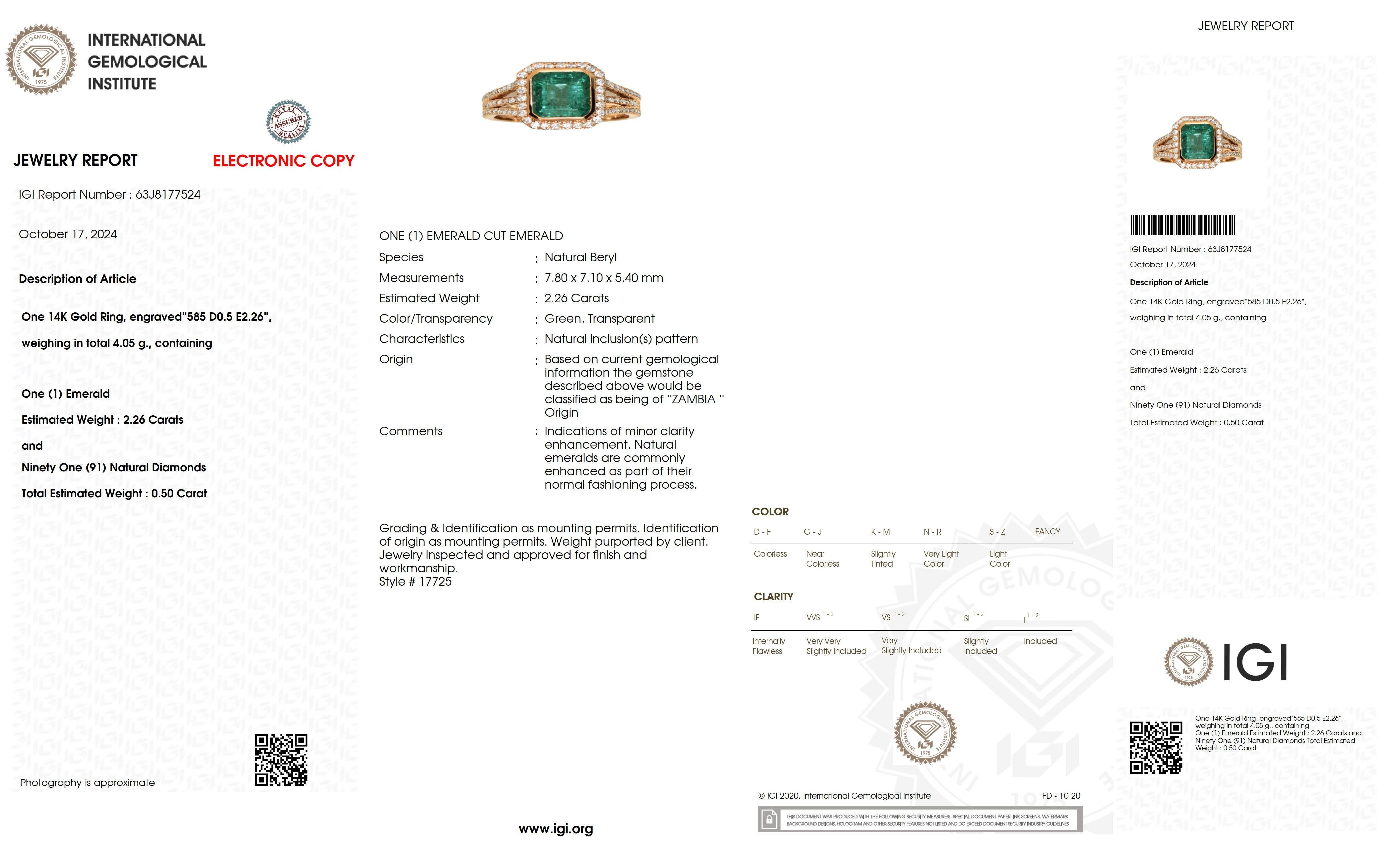 Contemporary IGI 14K 2.26 Ct Natural Emerald&Diamonds Antique Engagement Ring For Sale