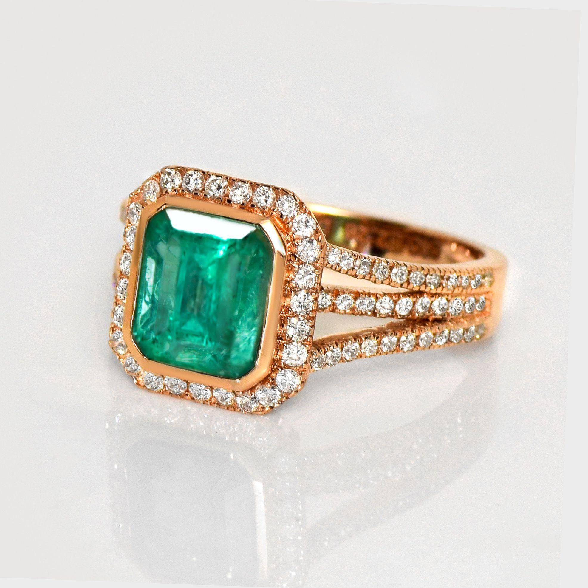 Emerald Cut IGI 14K 2.26 Ct Natural Emerald&Diamonds Antique Engagement Ring For Sale