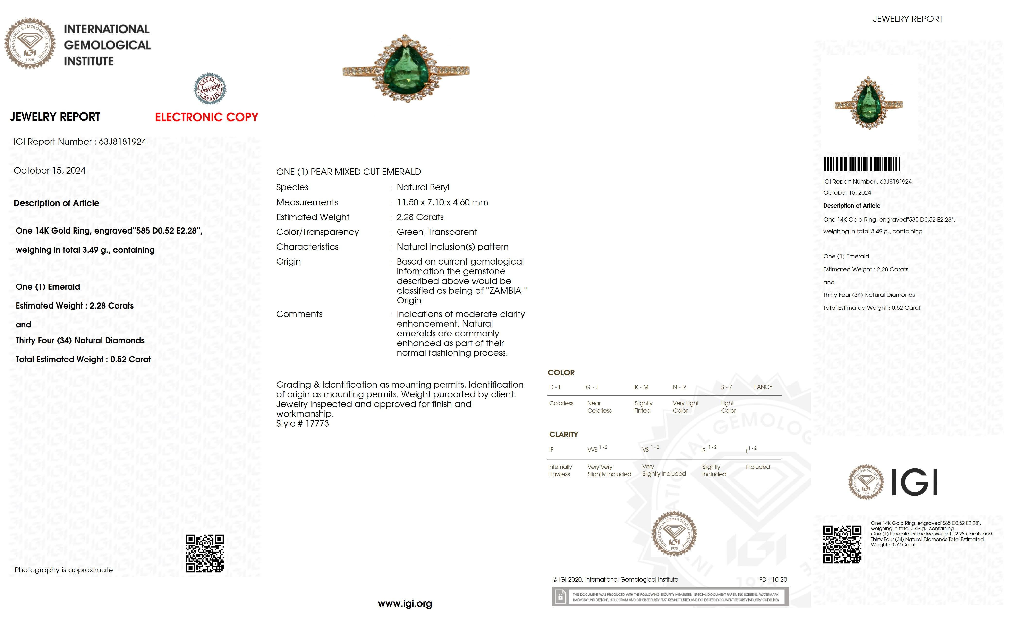 Contemporary IGI 14K 2.28 Ct Natural Emerald&Diamonds Antique Engagement Ring For Sale