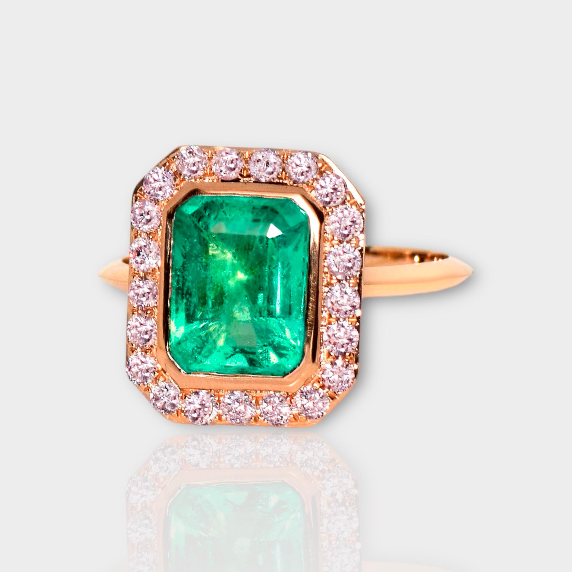 Art Deco IGI 14K 2.30 ct Natural Green Emerald&Pink Diamond Engagement Ring