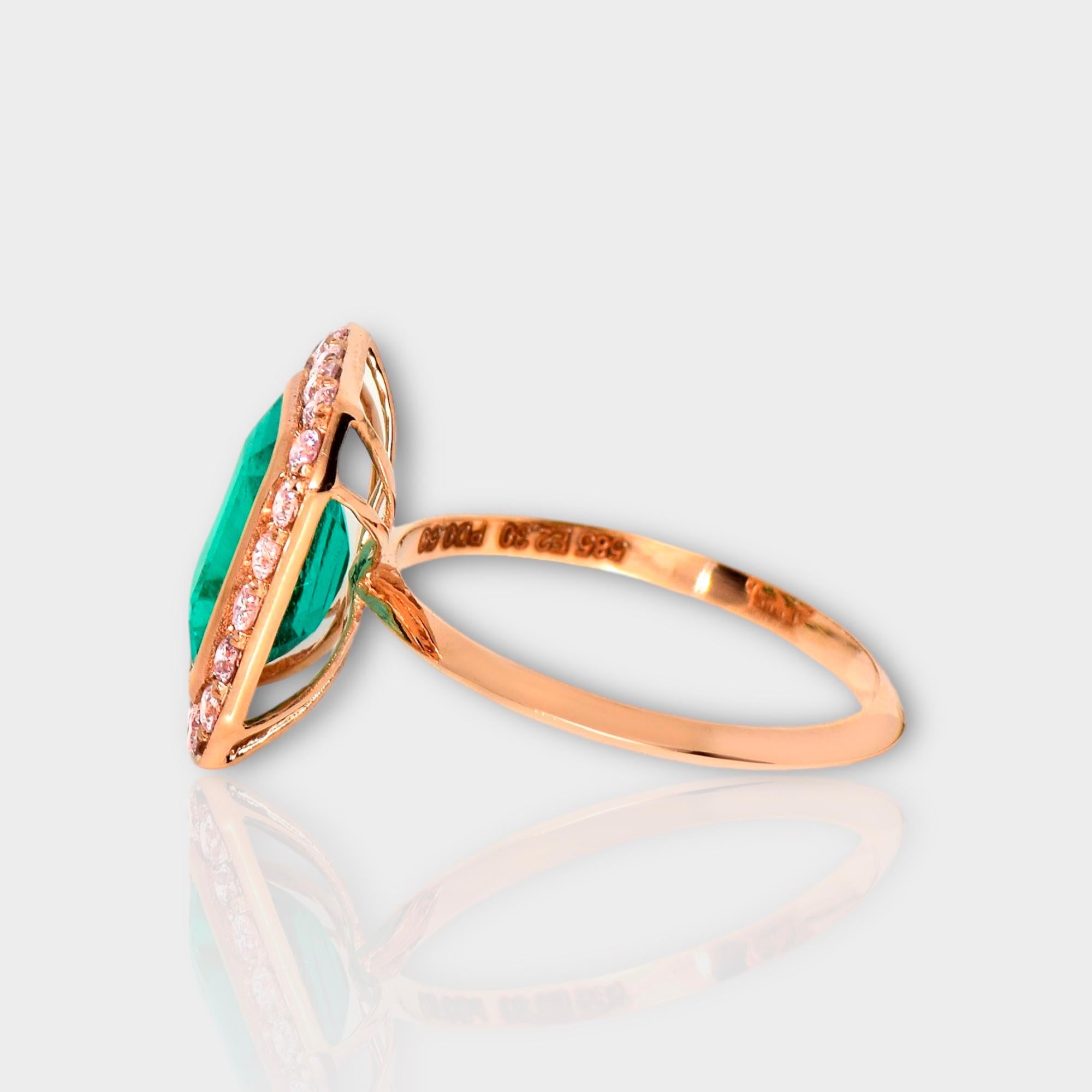 Women's or Men's IGI 14K 2.30 ct Natural Green Emerald&Pink Diamond Engagement Ring For Sale