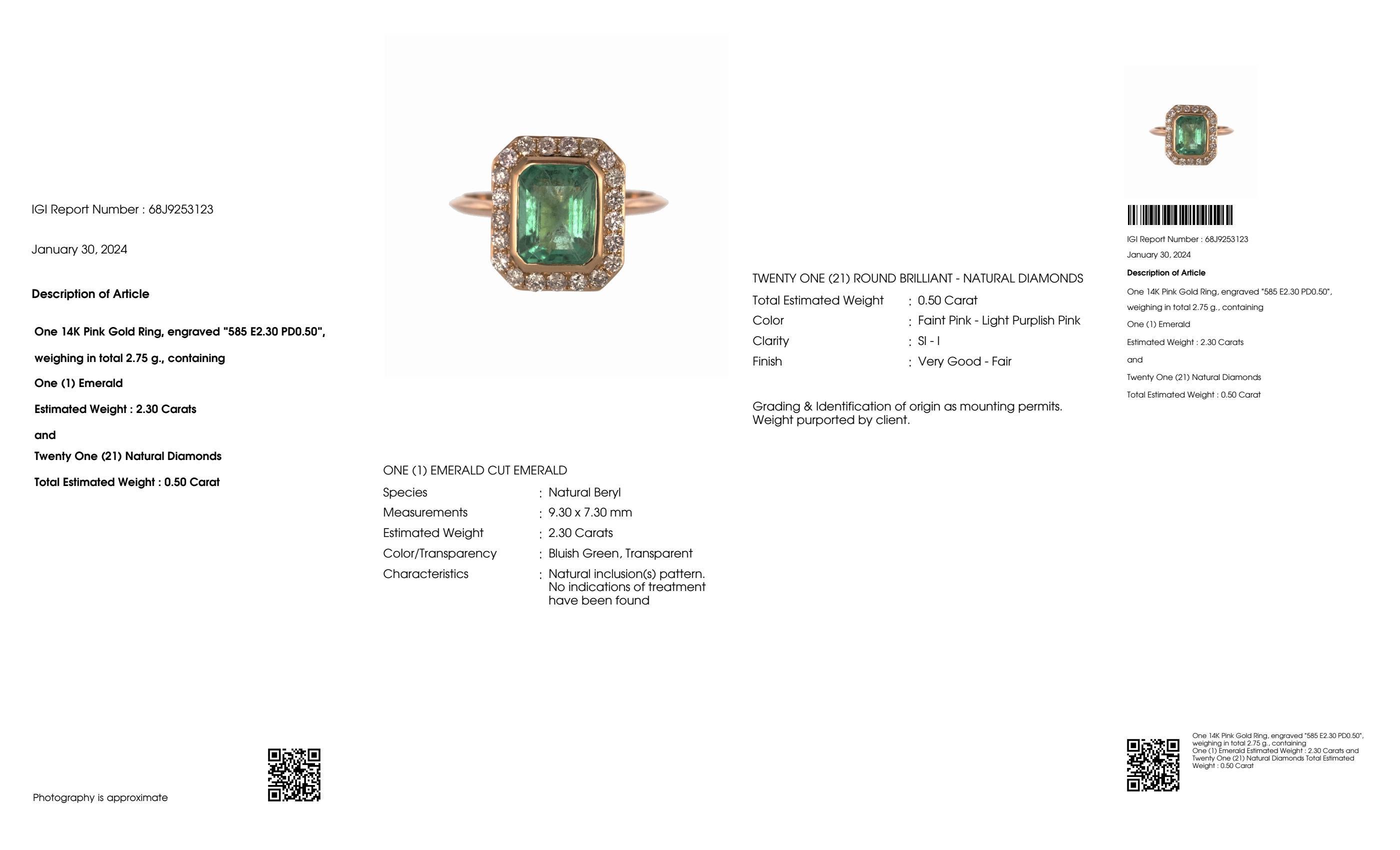IGI 14K 2.30 ct Natural Green Emerald&Pink Diamond Engagement Ring For Sale 2
