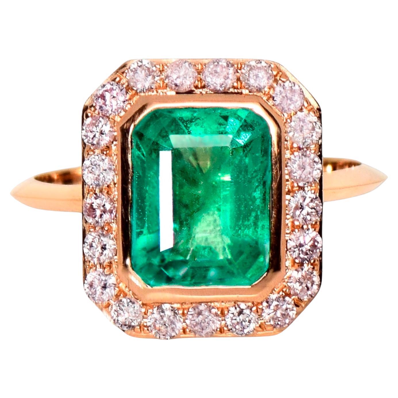 IGI 14K 2.30 ct Natural Green Emerald&Pink Diamond Engagement Ring For Sale