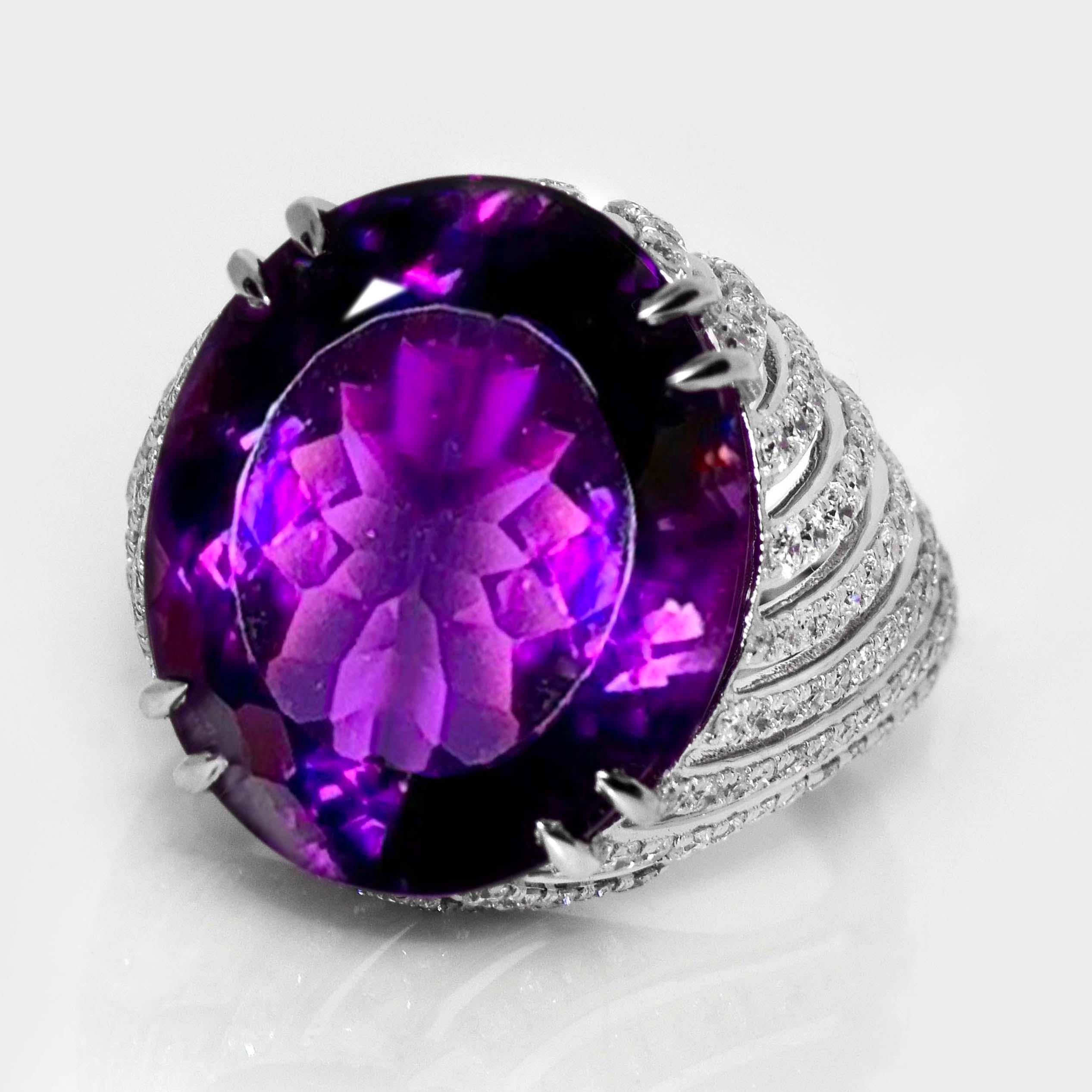 Art Deco IGI 14K 23.07 ct  Natural Purple Amethyst Diamonds Antique Engagement Ring