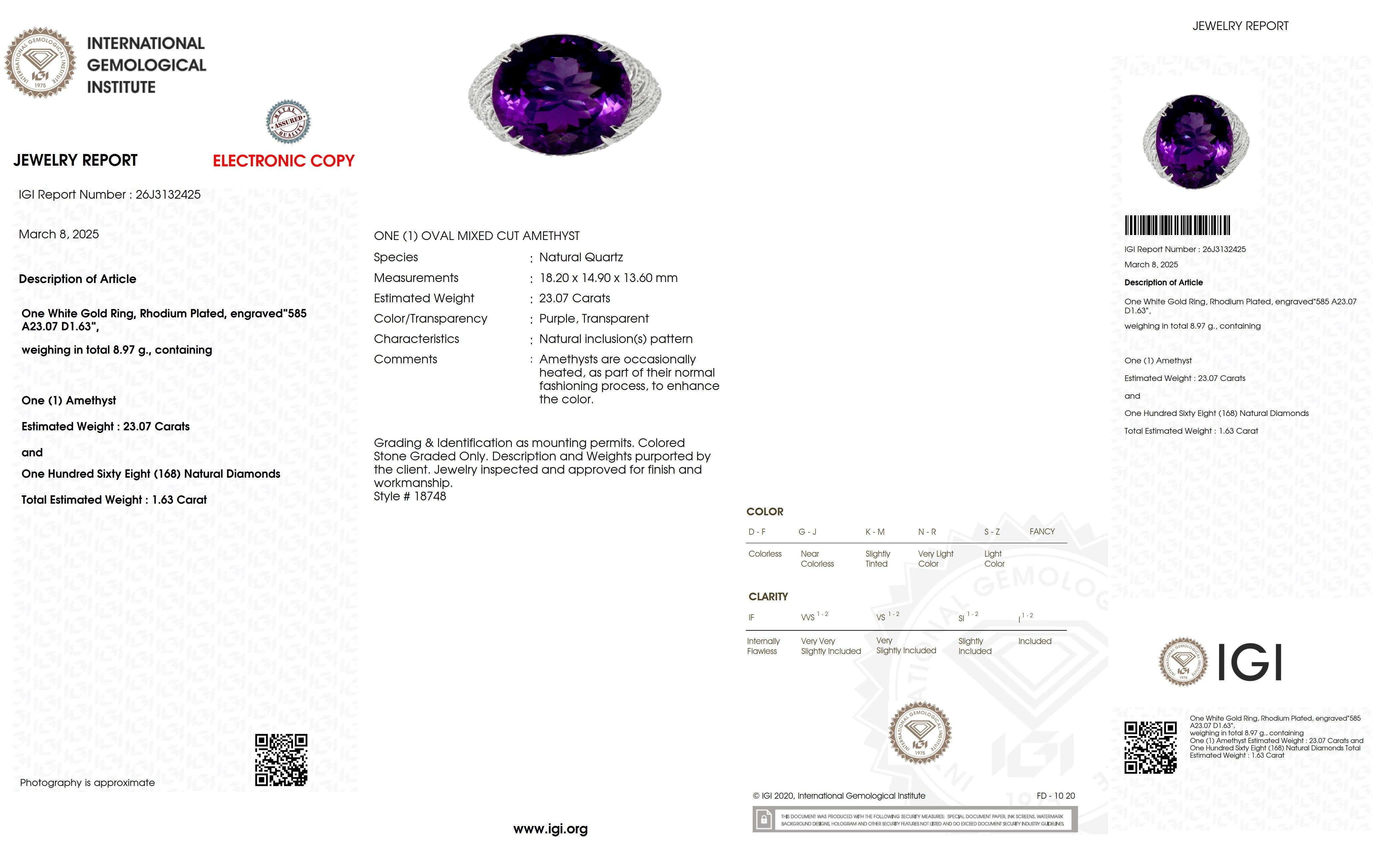 IGI 14K 23.07 ct  Natural Purple Amethyst Diamonds Antique Engagement Ring 2
