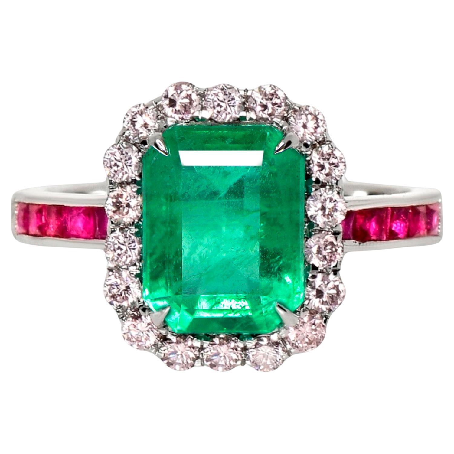 IGI 14K 2.33 Ct Emerald&Pink Diamonds Antique Art Deco Style Engagement Ring