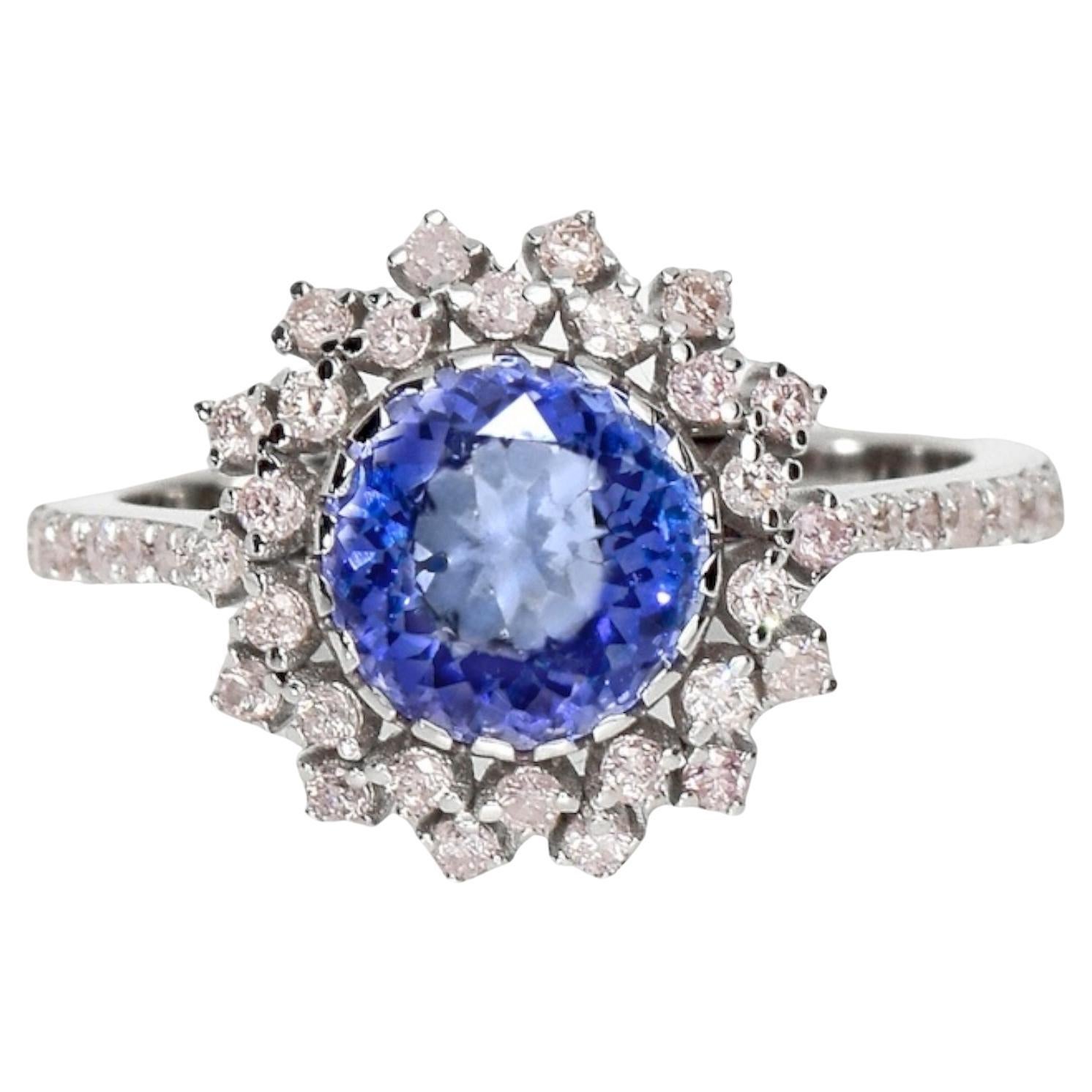 IGI 14K 2.33 ct Tanzanite&Pink Diamond Antique Art Deco Engagement Ring For Sale