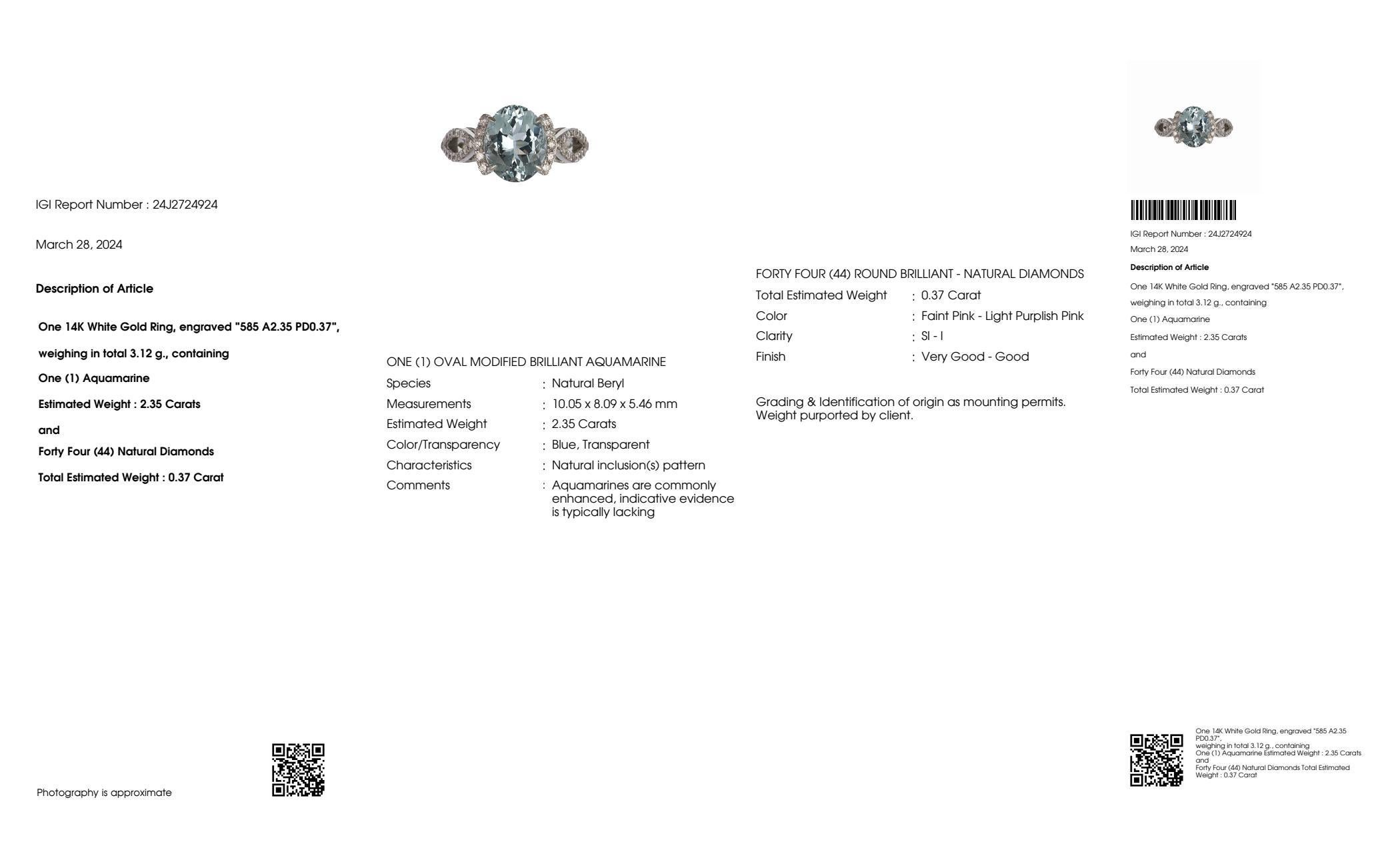 IGI 14K 2.35 Ct Aquamarine&Pink Diamonds Antique Art Deco Style Engagement Ring For Sale 2