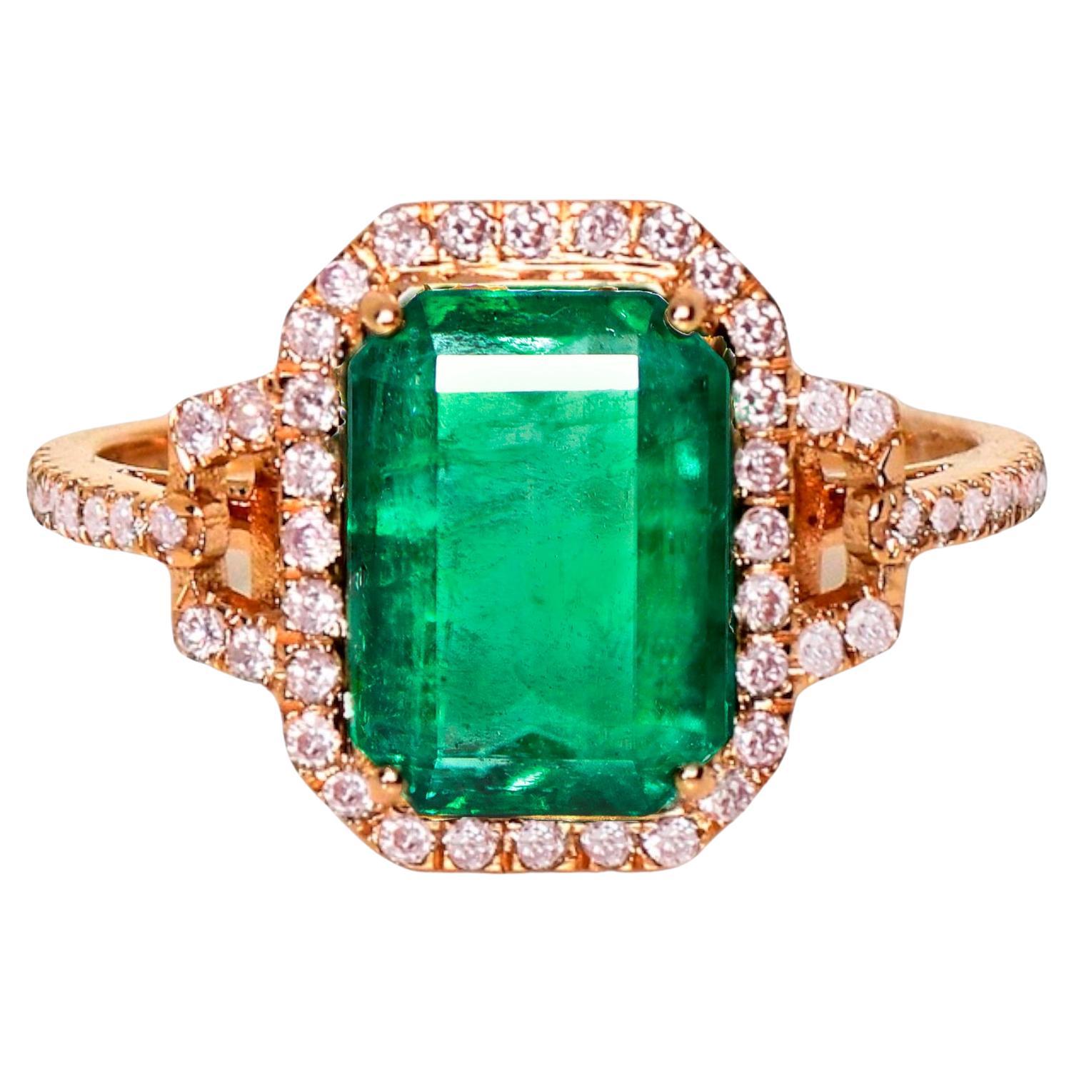 IGI 14k 2.36 Ct Natural Emerald&Pink Diamonds Antique Engagement Ring